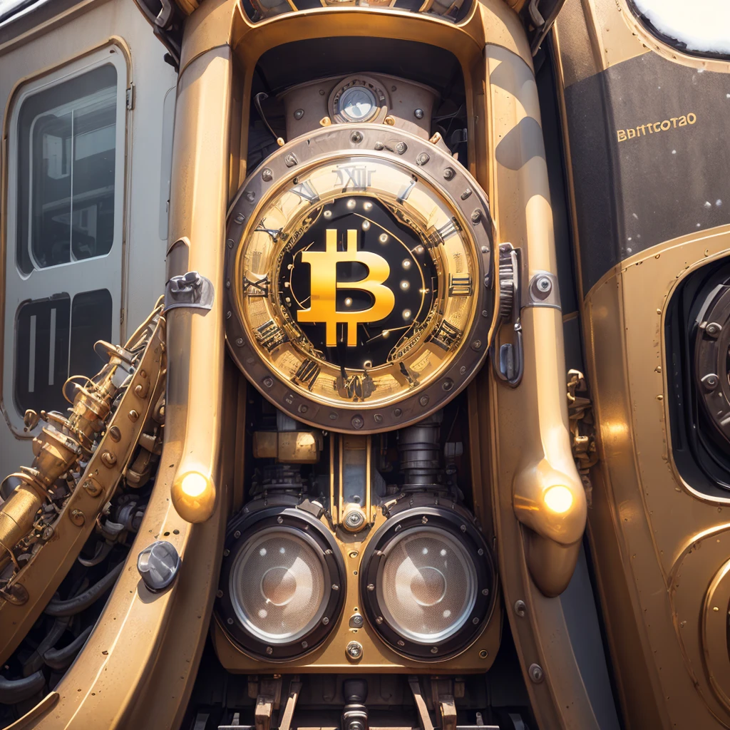 Bitcoin logo on the front of a train steampunk gold brass snow