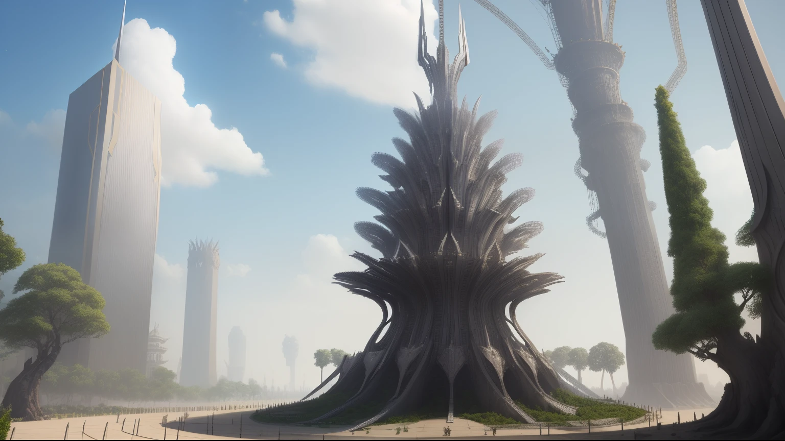 Insane towers of metallic drupes and razor sharp steel petals rise from the ground , steel trees,