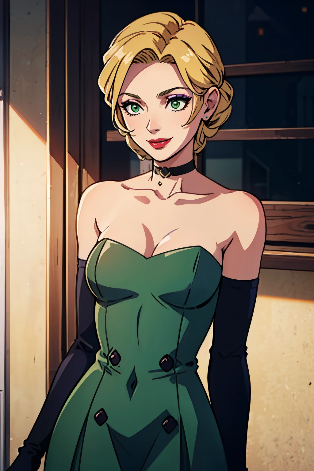 ingrid_timeskip, green eyes, light green dress, strapless dress, long white elbow gloves, smile, light red lipstick, dark purple eye shadow, makeup, black choker, cowboy shot