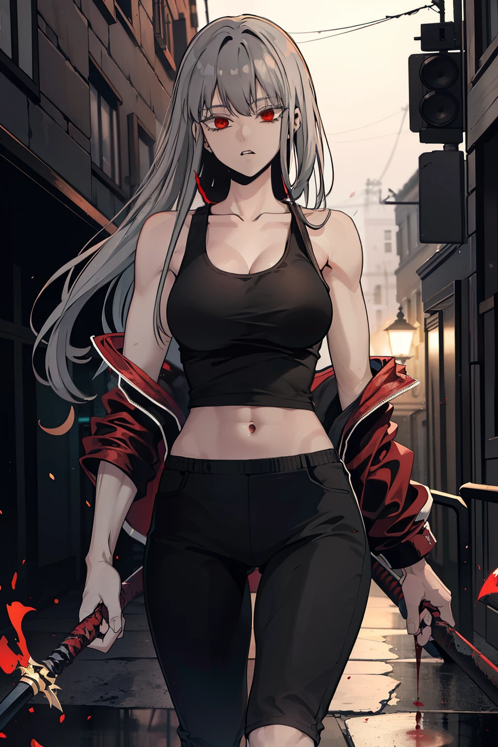 (8k, best quality, masterpiece: 1.2), (best quality: 1.0), (ultra-high resolution: 1.0), Anime girl, long grey hair, in a black tank top that is quite tight, long skintight black pants loose thin red jacket, crimson red eyes, fierce look, athletic build, tall and mature, holding a short dagger stained with blood, good anatomy, good hands, in a dark alley in a rainy night, ihwa from herokiller, highly detailed