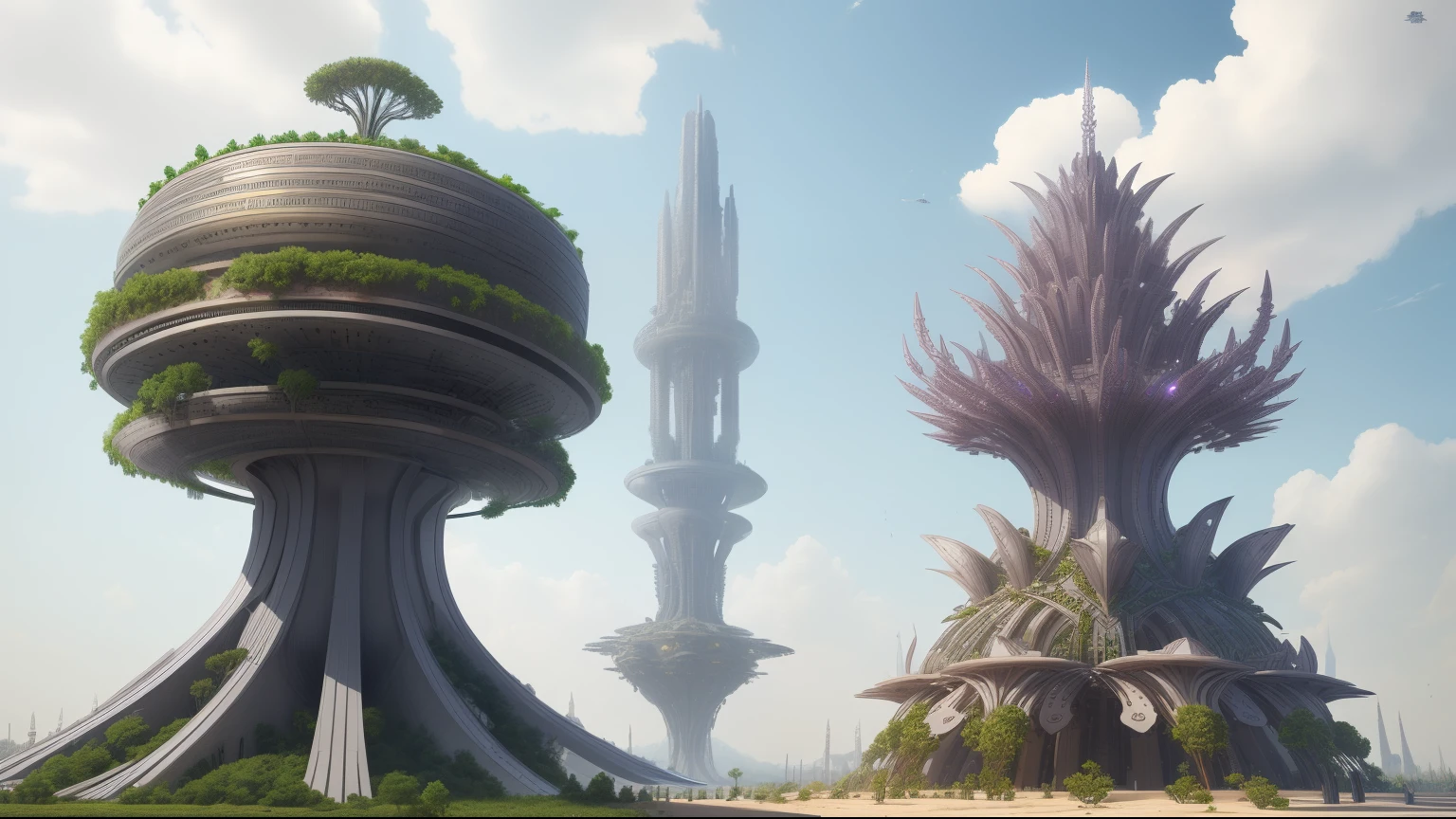 Insane towers of metallic drupes and razor sharp steel petals rise from the ground , steel trees, geometric boroidal plants, mechanical organisms