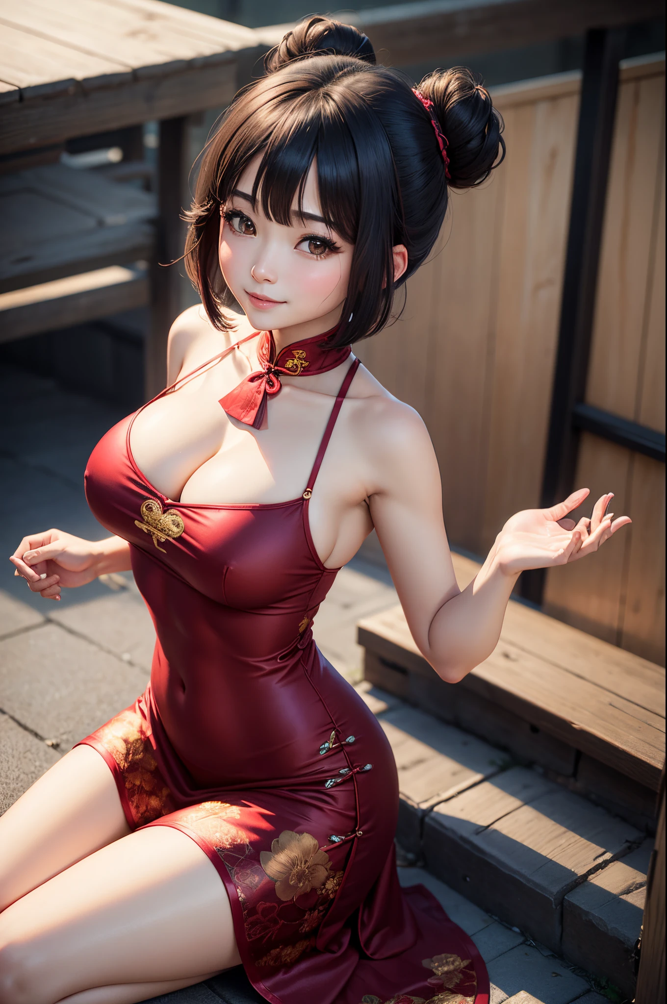 8K、Best Quality、Streets of China、adult lady、bob cuts、Bun head、A dark-haired、delicated face、Sareme、blushed face、Chest opened、red Cheongsam、Colossal tits:1.8、big butts:5.5、big breasts thin waist、Beautiful constriction、shinny skin、Facing up、Kamimei、Shy smile、Looking Up、Spread your hands wide、独奏、1人、hide your legs with a dress、