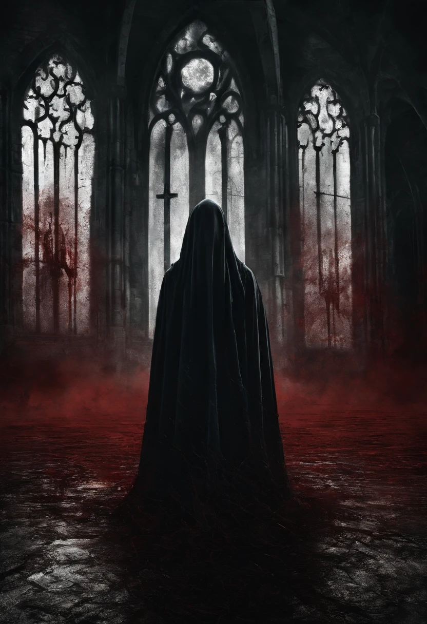 Blood nun, dark and gloomy atmosphere, old church with biblical windows, beautiful woman with red and penetrating eyes, blood splashes, 1 woman surrounded by ethereal ghosts, eternal and deep darkness, penitent ghosts, group of humanoid spirits