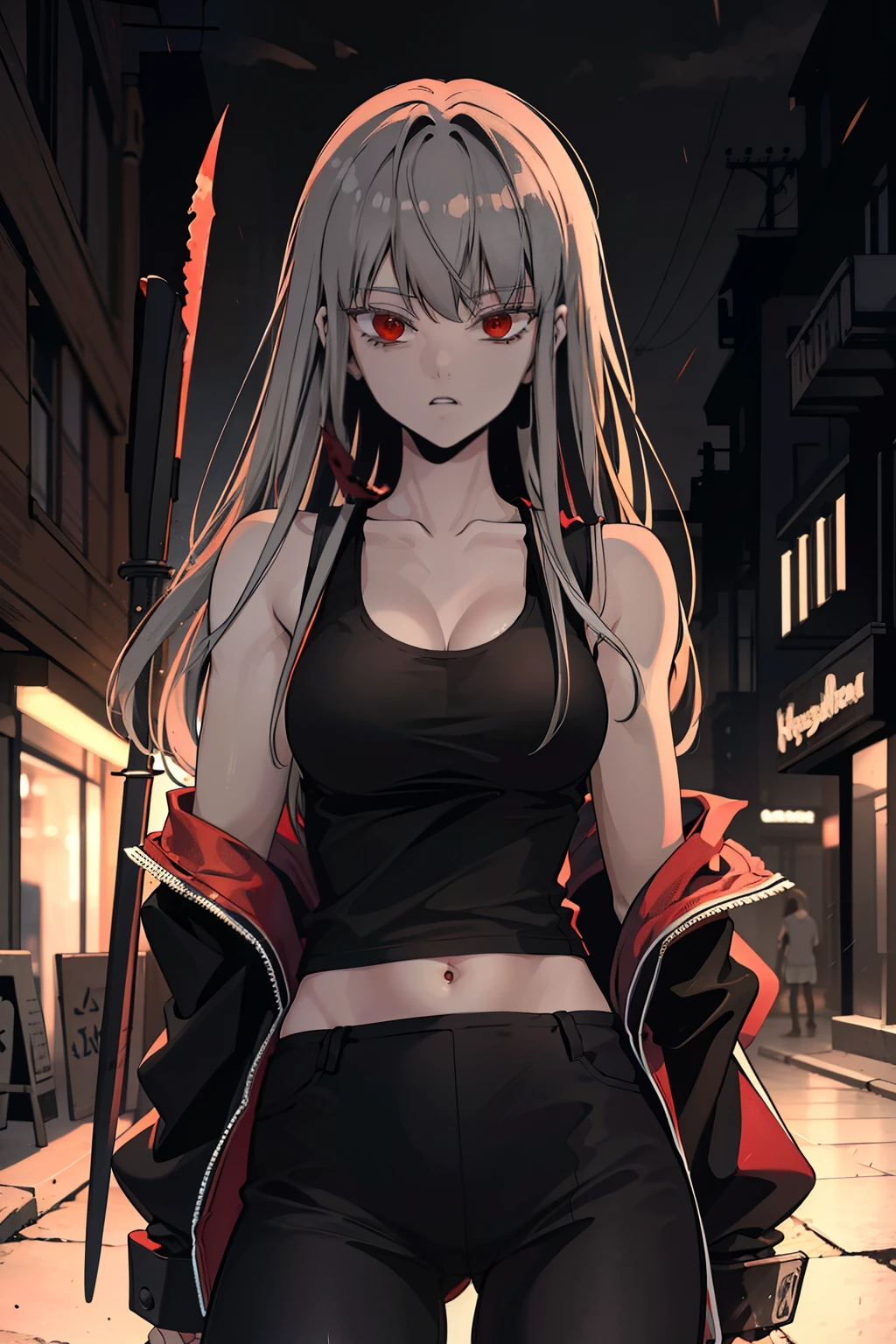 (8k, best quality, masterpiece: 1.2), (best quality: 1.0), (ultra-high resolution: 1.0), Anime girl, long grey hair, in a black tank top that is quite tight, long skintight black pants loose thin red jacket, crimson red eyes, fierce look, athletic build, tall and mature, holding a short dagger stained with blood, good anatomy, good hands, in a dark alley in a rainy night, ihwa from herokiller, highly detailed
