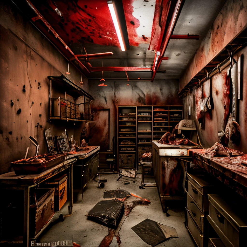 splatter horror,butcher workspace,a room,landscapes,hanging chunks of meat