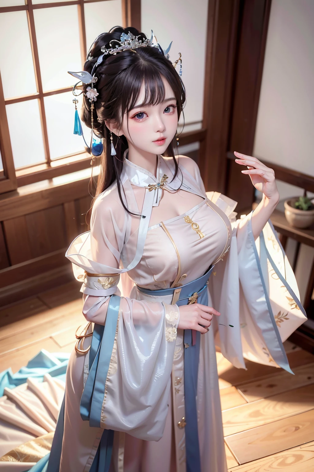 Wet-breasted Hanfu  dynasty open V-chested clothes royal Wet body of thin silk fabric, Thin silk lace petticoat,princess 8 yeald old cute, (huge boobs，cleavage),petticoat, white pink, blue ，best qualtiy，tmasterpiece，超高分辨率，（真实感：1.4），RAW photogr，（True skin texture：1.3），（filmgrain：1.3），（Selfie angle），1个Giant Breast Girl，Beautiful eye and face details，tmasterpiece，Best quality at best，exposing thighs，Bigchest，The chest is more exposed， detailed hair，above looking down facing at camera,short dressPrincess Eyes,Super big eyes,Detailed face,shiny pupils,