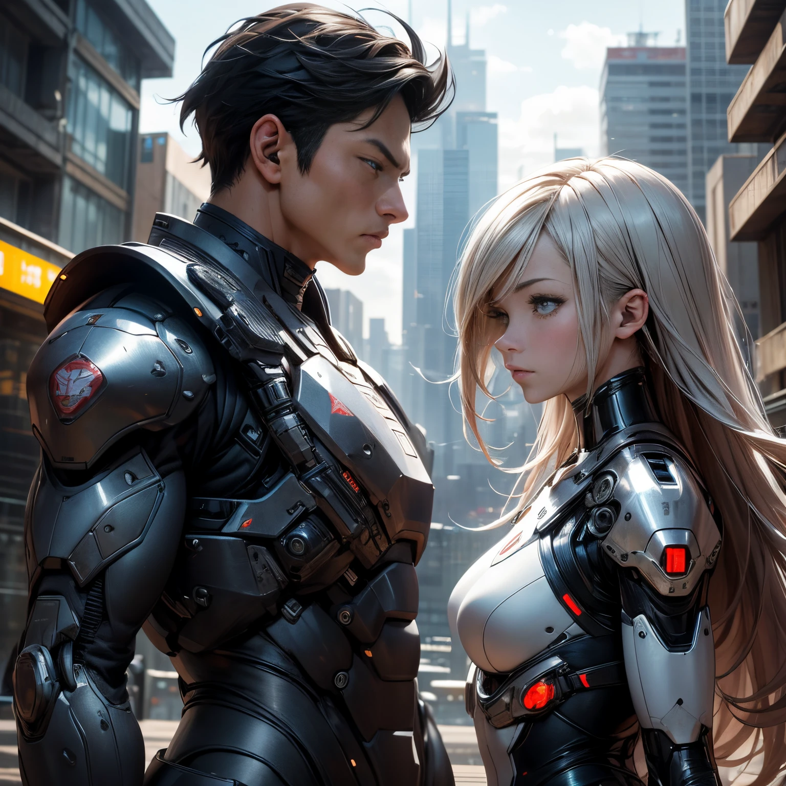 masutepiece、超A high resolution、Powerful images、8K、2 men and women、Upper body view、A super futuristic city on a grand scale、Future landscape in 2530、mutant male robot soldier、Female warrior wearing a cyborg bodysuit、walk side by side towards the camera、Wearing metal armor、Ready for battle with gun、