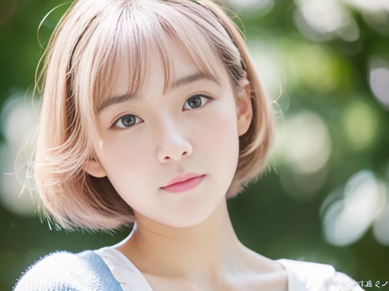 14 year old cute Japan girl in white camisole、Crystal clear white skin、pale pink cheeks,、Bust Up Portrait、short-hair、Looking at the camera、鎖骨、High-angle camera shooting