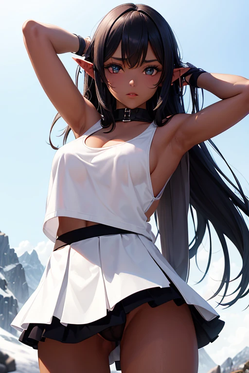 dark elf girl, upskirt, no panties, white skirt, white tank top, hand on head, wind blowing hair, black hair, mountain view