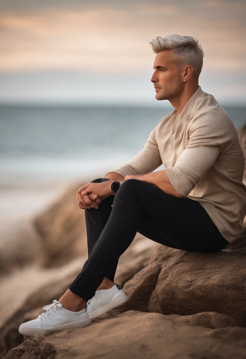 Men's short hair, Fine Eye, short- sleeved, shorter pants,seaside backgroud, sat on the ground ,whaite hair
