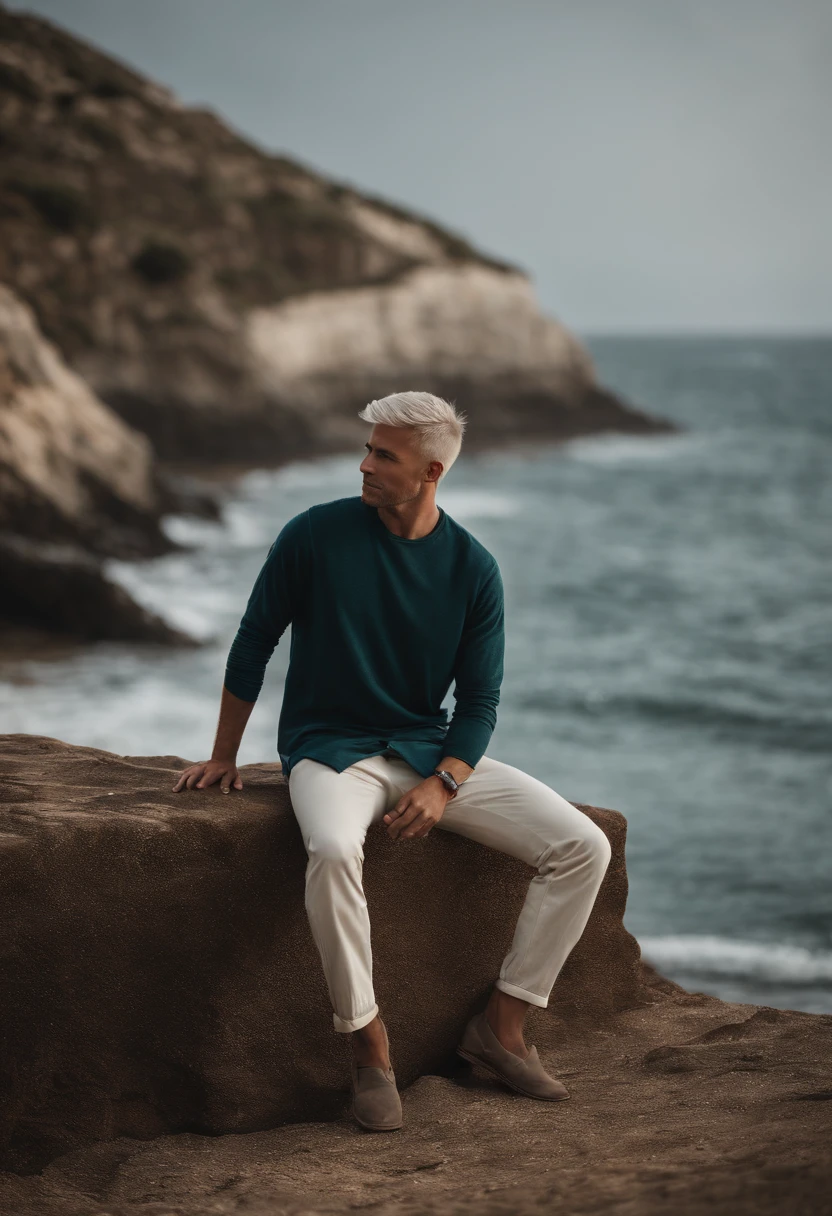 Men's short hair, Fine Eye, short- sleeved, shorter pants,seaside backgroud, sat on the ground ,whaite hair