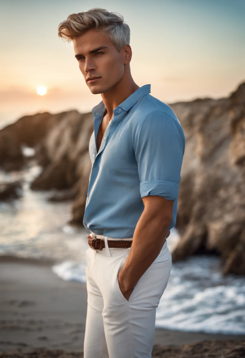 Men's short hair, Fine Eye, short- sleeved, shorter pants,seaside backgroud, sat on the ground ,whaite hair