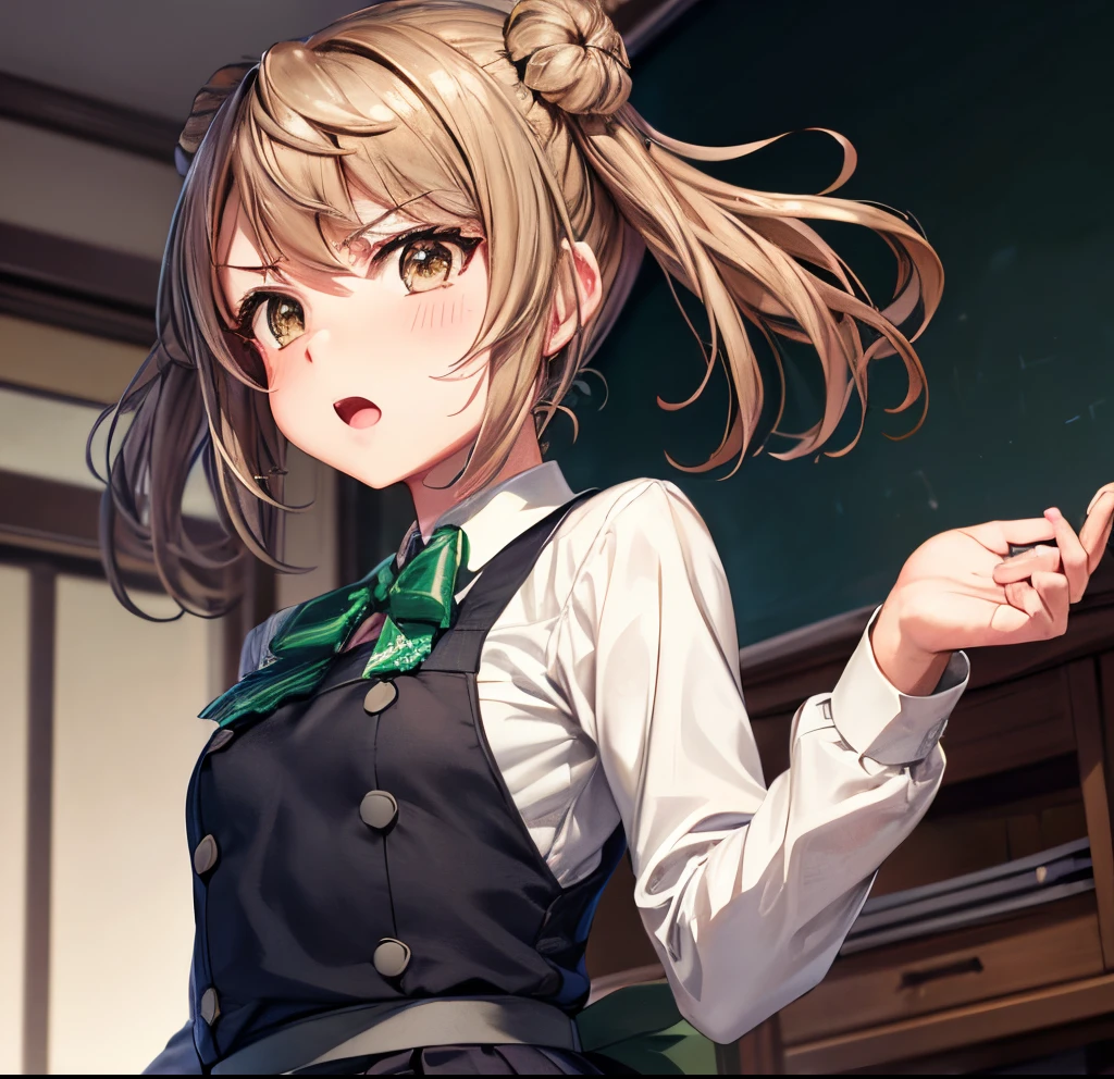 {{love live!}},{{masterpiece}}, {highly detailed}, ,(masterpiece, best quality:1.2), upper body, MichishioKC, {{from below}}, {{shouting}}, angry, school uniform, pinafore dress, green ribbon, looking at viewer, small breast, long sleeve, anime nose