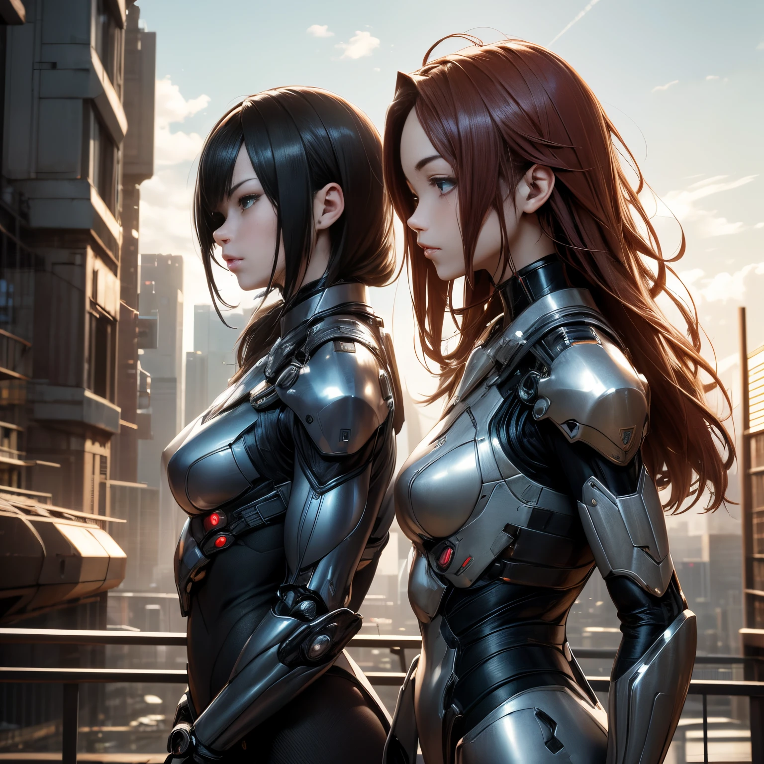 masutepiece、超A high resolution、Powerful images、8K、2 men and women、Upper body view、A super futuristic city on a grand scale、Future landscape in 2530、mutant male robot soldier、Female warrior wearing a cyborg bodysuit、walk side by side towards the camera、Wearing metal armor、Ready for battle with gun、