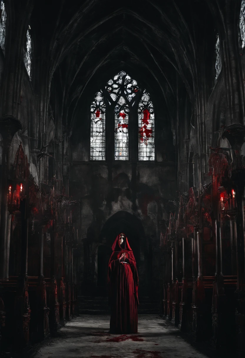 Blood nun, dark and gloomy atmosphere, old church with biblical windows, beautiful woman with red and penetrating eyes, blood splashes, 1 woman surrounded by ethereal ghosts, eternal and deep darkness, penitent ghosts, group of humanoid spirits