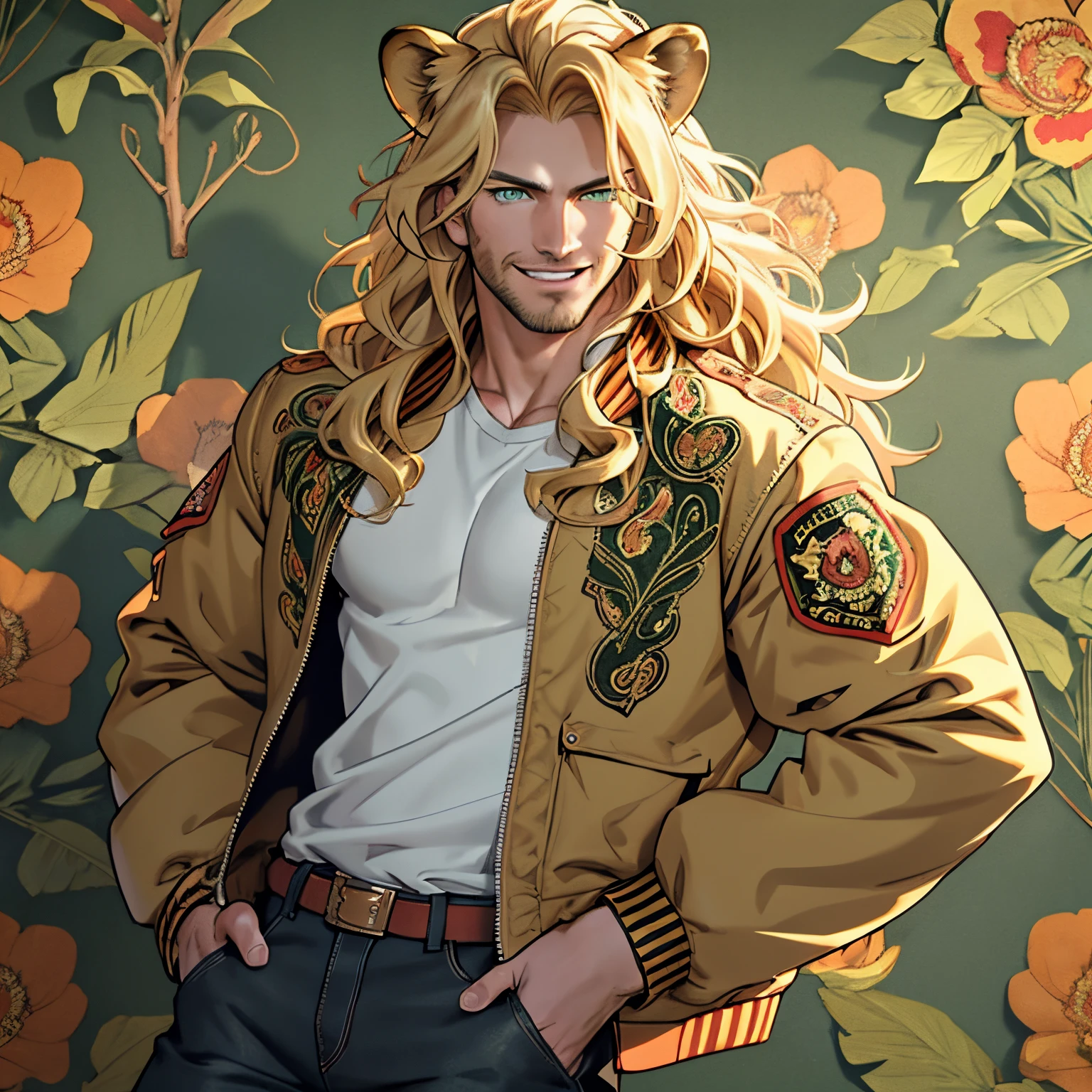 Bomber jacket, One male, lion ears, long hair, blond, blond hair, green eyes, tall, muscular, beautiful face, highest quality, masterpiece, 3d, anime, perfect face, highest detail, feline eyes, stubble, lion tail, wavy hair, cowboy shot, detailed face, intricate details, paisley background, smile, solo, hands on pockets