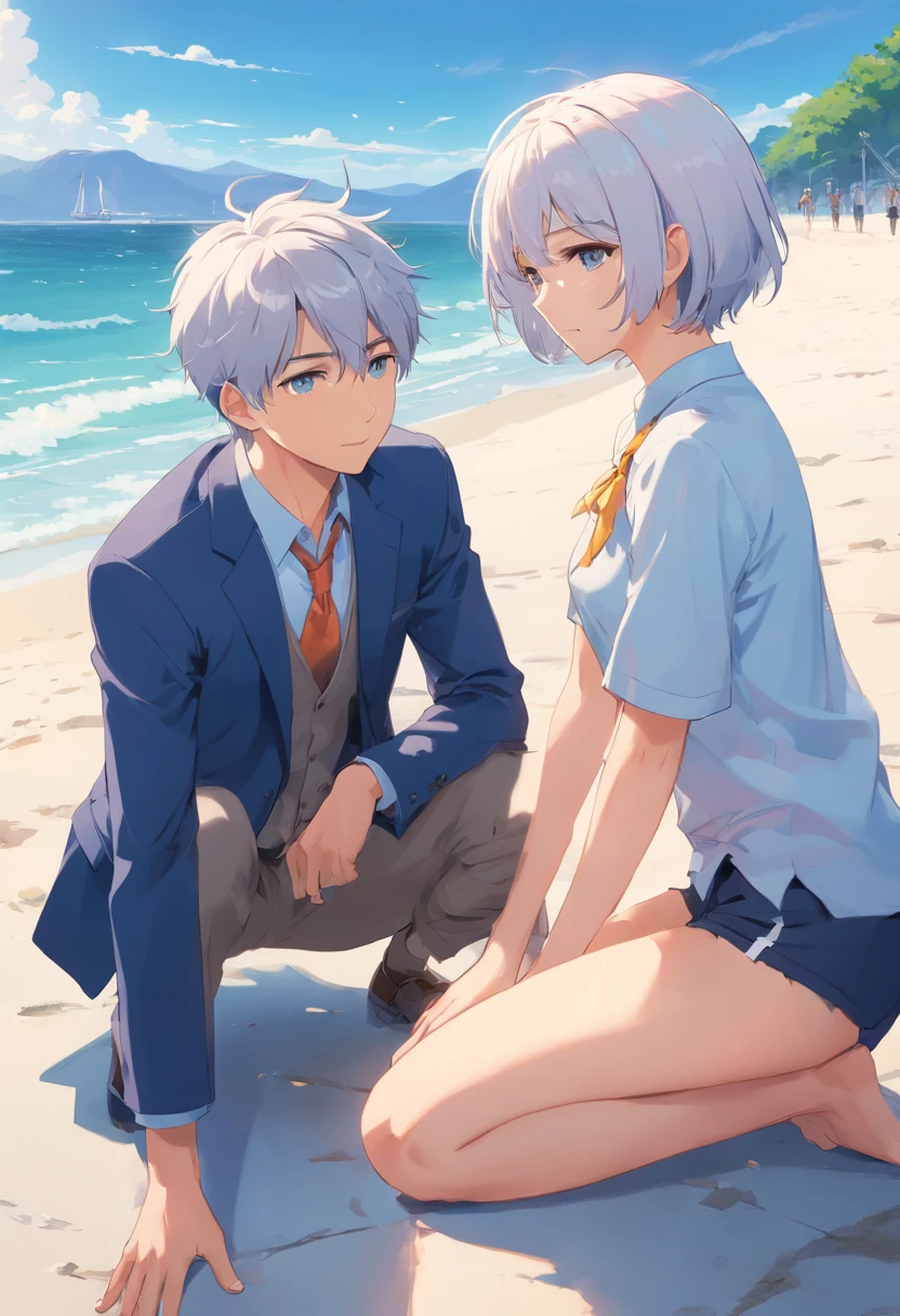 gentleman'short detailed hair, Fine Eye, short- sleeved, shorter pants,seaside backgroud, sat on the ground ,White hair