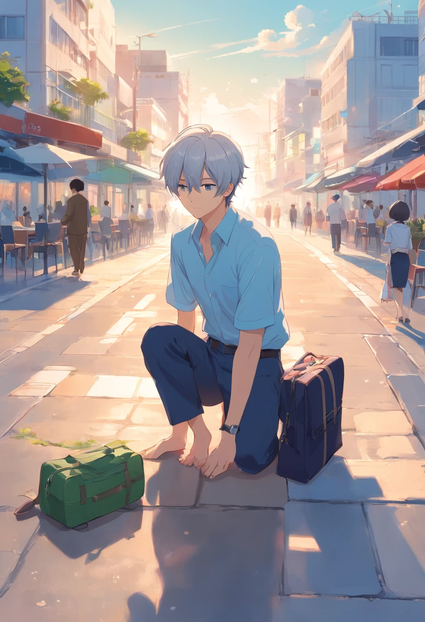 gentleman&#39;short detailed hair, Fine Eye, short- sleeved, shorter pants，seaside backgroud, sat on the ground  ，White hair