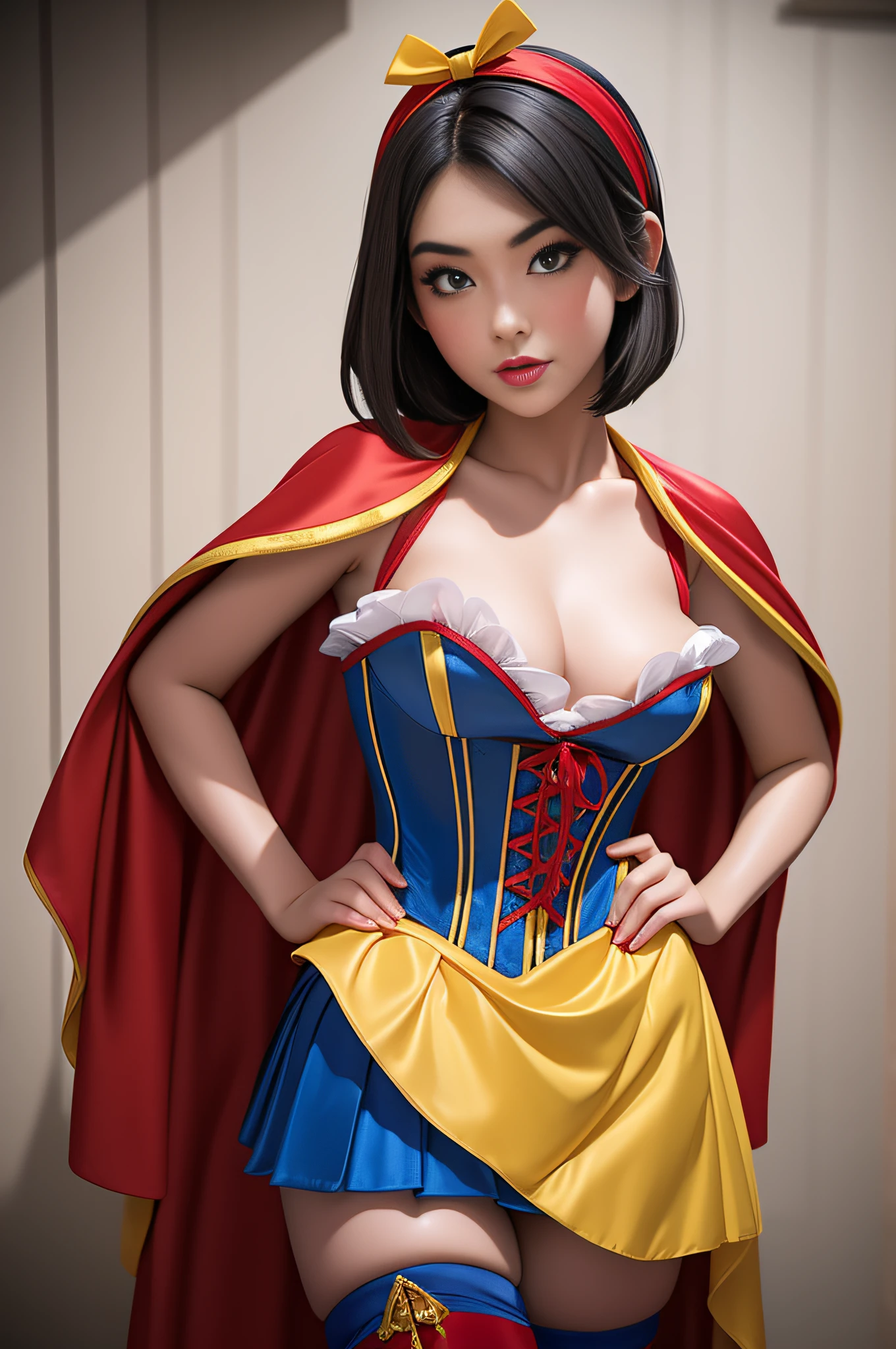 Beautiful Chinese 16 year old woman, wearing snow white cosplay, blue silk corset, red silk cape, yellow silk pleated skater skirt, , black short  bob hair, red hairband,   , masterpiece, photorealistic, amazing detailed face, amazingly detailed skin, boots,