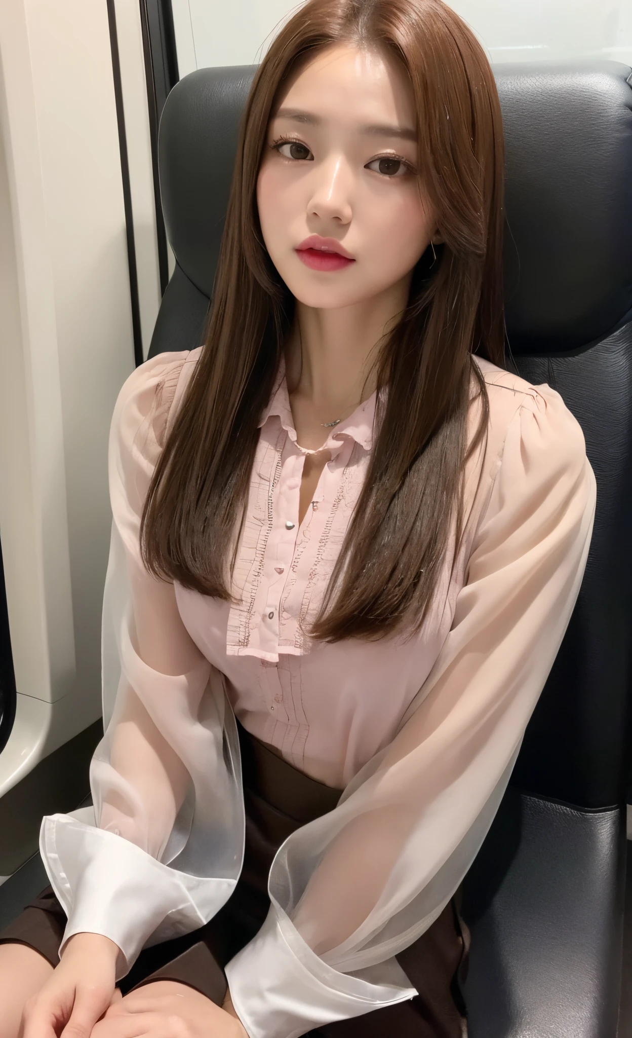 ((top-quality、8k、masterpiece:1.3))、Cute 1 woman with perfect figure:1.4、((ligh brown hair、medium chest:1.2))、(wearing a blouse and miniskirt:1.5)、Sitting on a train chair、On the train in Japan:1.2、Highly detailed facial and skin texture、A detailed eye、二重まぶた、Wet blouse、Pink underwear、Sheer blouse、looking at the person filming、Photographed from above
