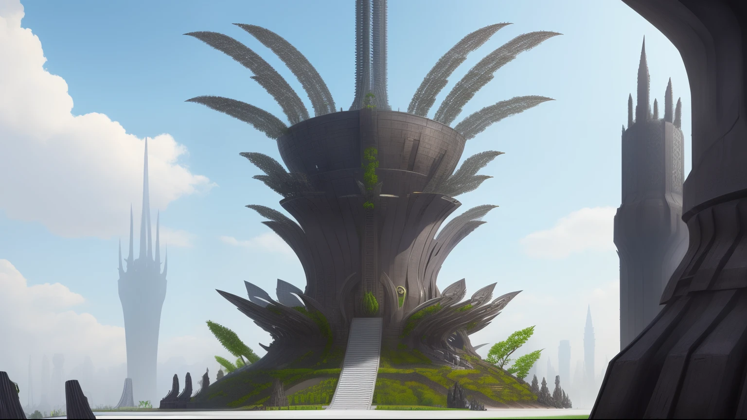 Insane towers of metallic drupes and razor sharp steel petals rise from the ground , steel trees, antiplants