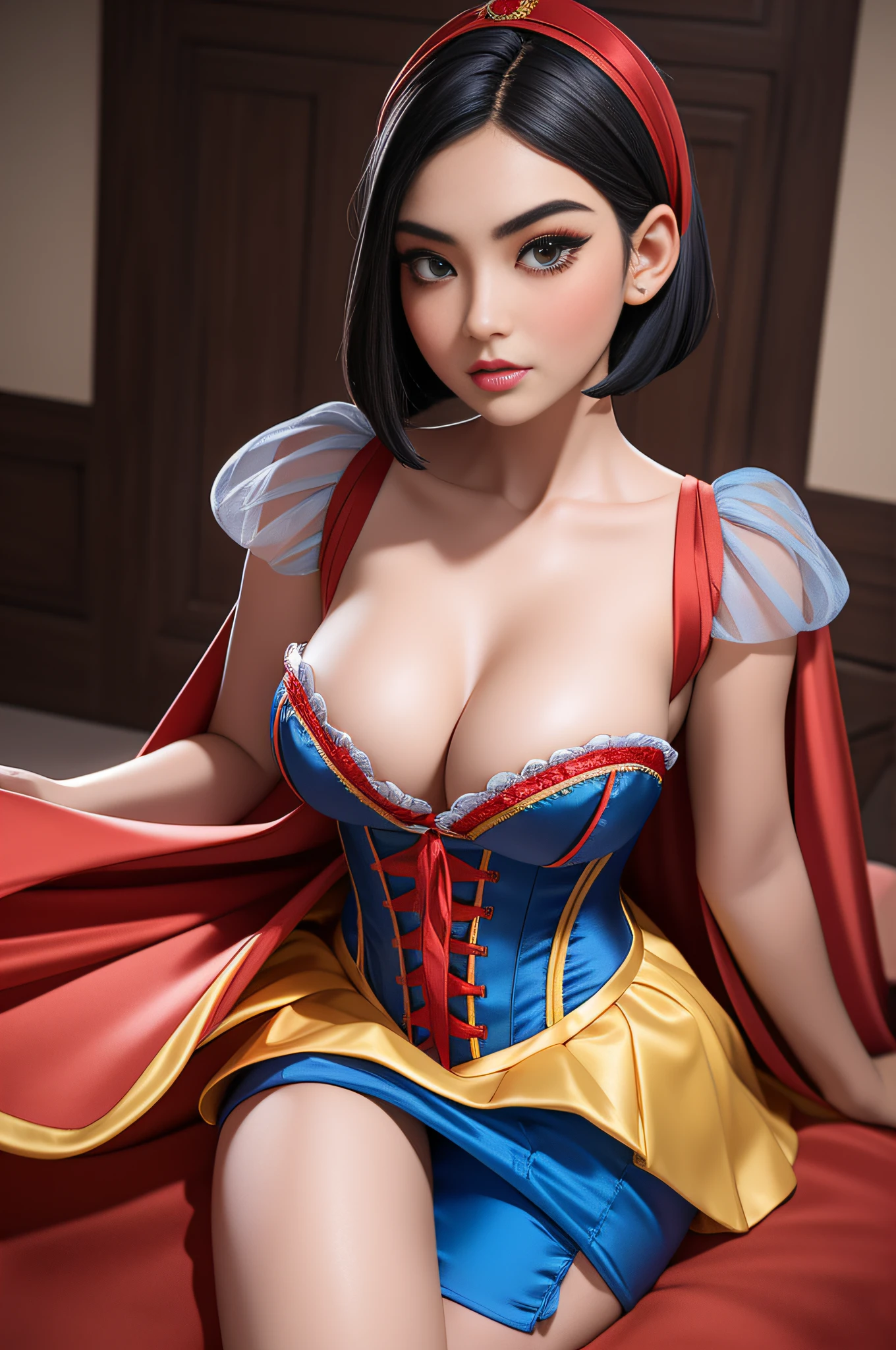 Beautiful Chinese 16 year old woman, wearing snow white cosplay, blue silk corset, red silk cape, yellow silk pleated skater skirt, , black short  bob hair, red hairband,   , masterpiece, photorealistic, amazing detailed face, amazingly detailed skin, boots,