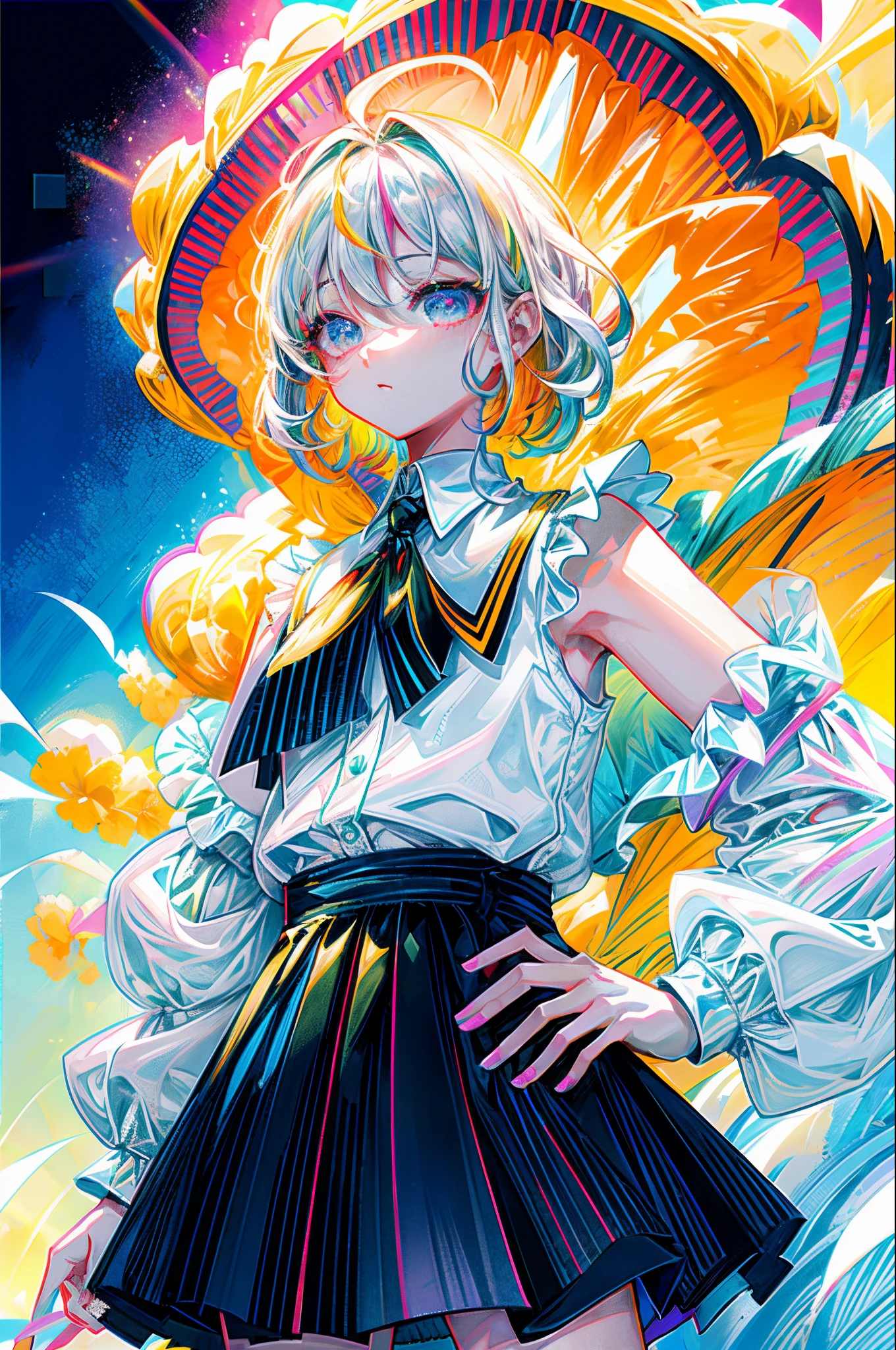 Rainbow on background、Irridescent color、colourfull、top-quality、超A high resolution、(Photorealsitic:1.4)、Female 1 Person、Sleeveless white buttoned shirt、Black skirt、Black Choker、cute little、(Kpop Idle)、(attractiveness:1)、(Platinum Blonde Hair:1)、((Puffy eyes))、Look at the viewer、full body Esbian、Facing the front