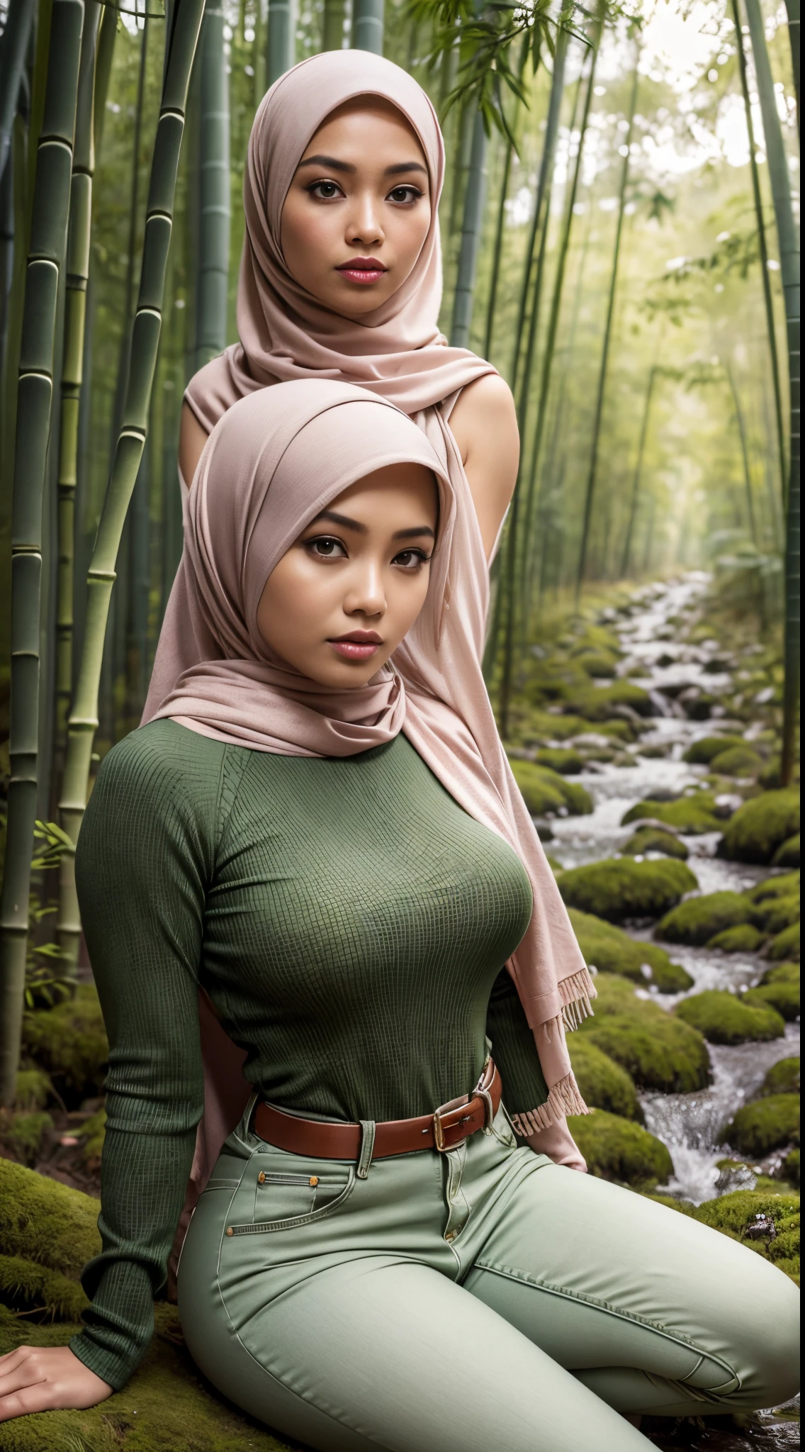 RAW, Best quality, high resolution, masterpiece: 1.3), Beautiful Malay woman in hijab (iu:0.8),looking at viewert，Tight sweater，skintight jeans，photore, realisticlying, Best quality at best，big breast，Detailed eyes，Sitting on the mossy ground in a bamboo forest， diffuselighting, depth of fields