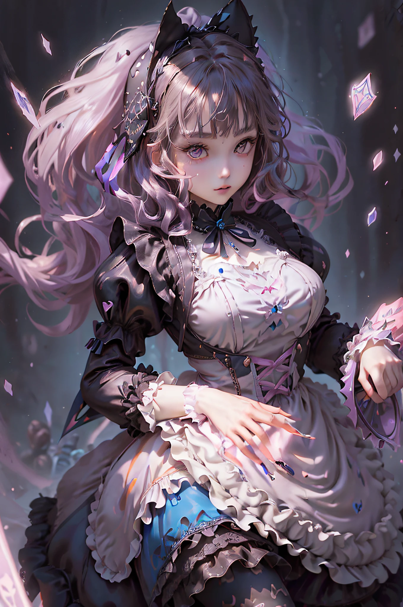 (dark brown eyes:1.3),(((Alice in Wonderland in Gothic Lolita Fashion))), ((myth)), Chasing a rabbit wearing a silk hat and holding a pocket watch.Beyond Time and Space、intricate detailes、Terrible、The most beautiful forms of chaos like glasswork、Delicate、girl, Cute、dynamic ungle、Transparency、reddish、azur、pink there、an orange