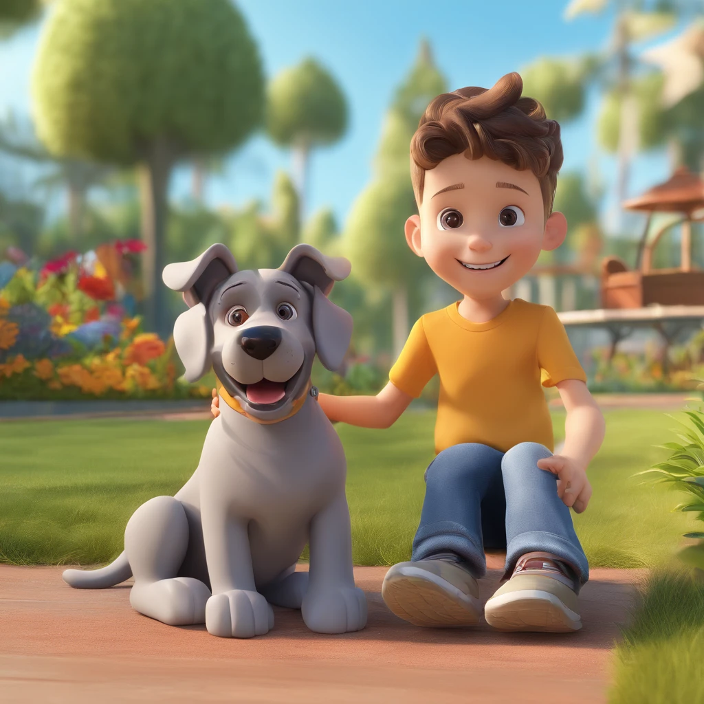 Lucas is a smiling 5-year-old human boy, com seu fiel amigo, Bolt, o cachorro schnauzer, deitados no jardim