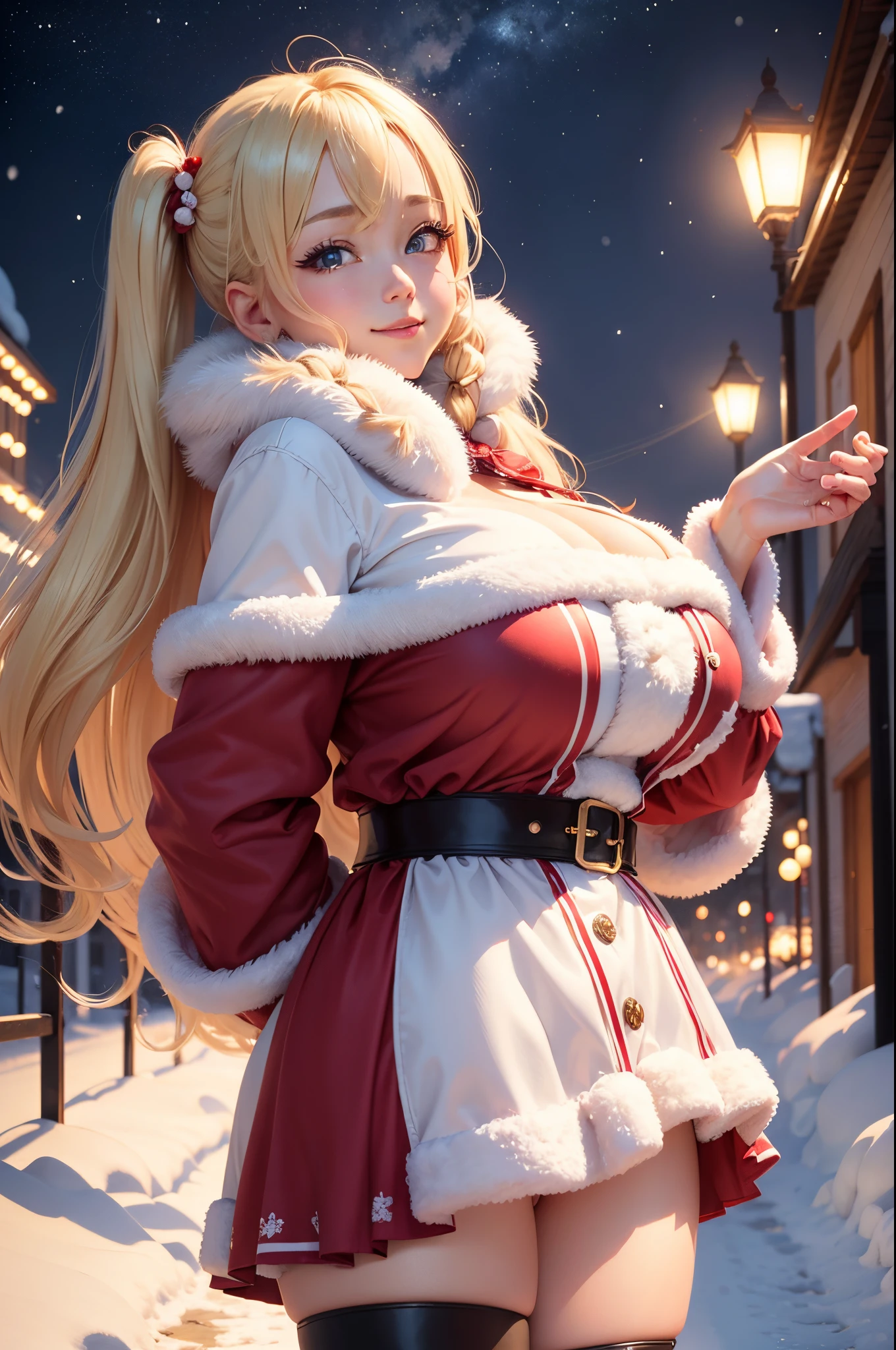 ８K、Best Quality、Snowy night city、adult lady、a blond、Long pigtails、delicated face、Blue eyes、Sareme、blushed face、Santa Claus clothes、Colossal tits:1.8、big butts:5.5、big breasts thin waist、Beautiful constriction、shinny skin、Facing up、Kamimei、Shy smile、Looking Up、独奏、1人、Santa Claus、