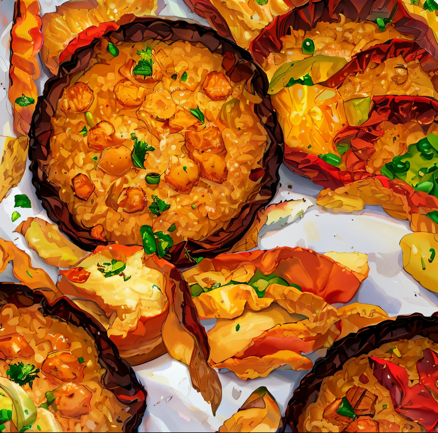 Snacks, Golden brown and crispy,Golden snow peas are inlaid on top,Commercial shooting, Hakka Moon Bus, Fried round crispy rice, poster for, Fresh style background, Elegant, Booth lighting, Attractive, photorealistic colors, hyper HD