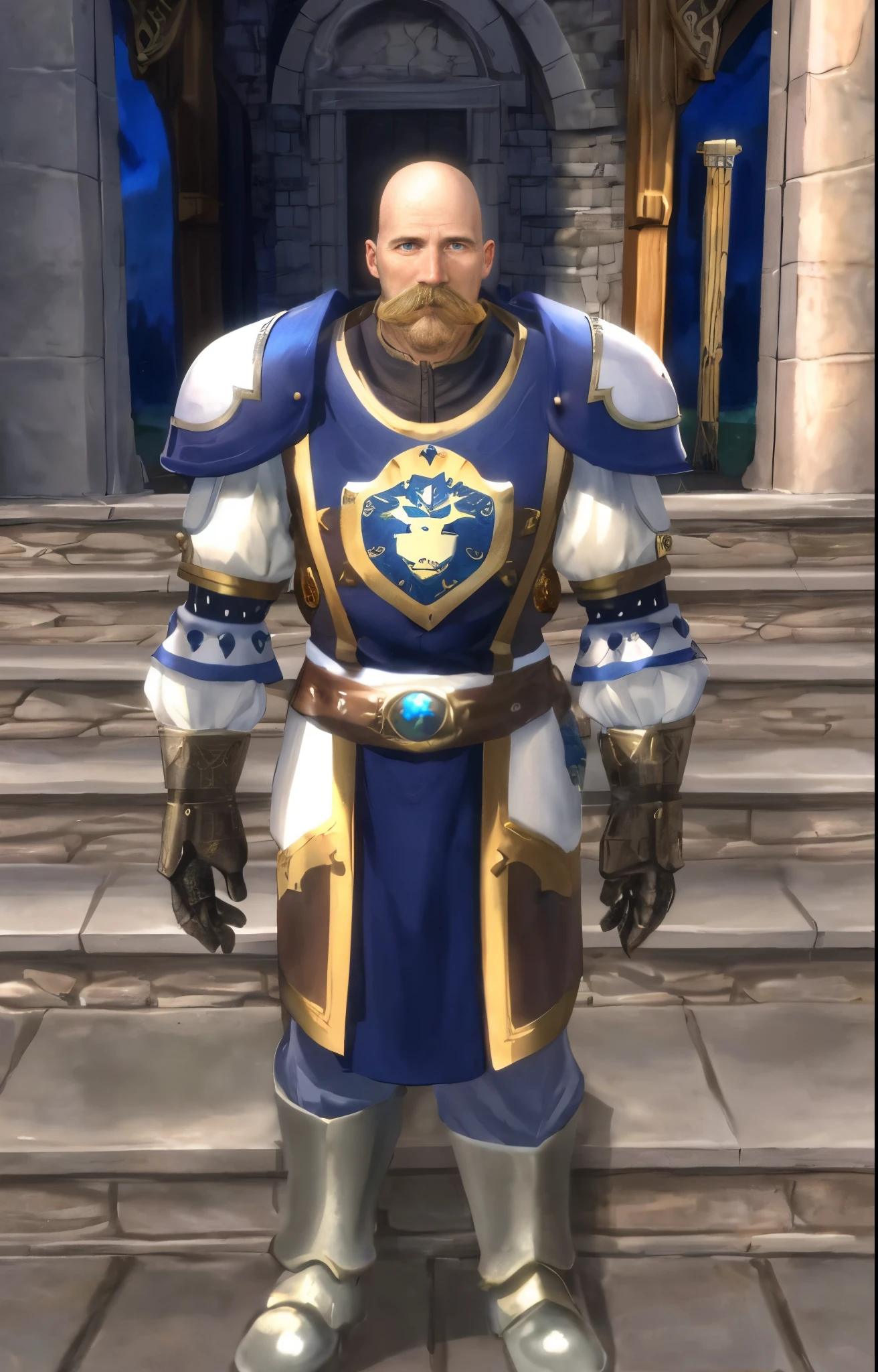 bald man, 50 years old, light brown mustache, white and blue armor, tabard with a lion's head design, calcha gloves, stone steps, stone building, fantasy