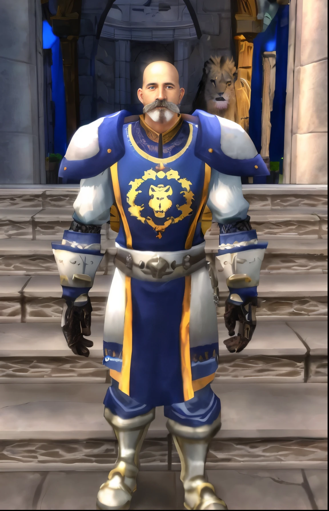 bald man, 50 years old, light brown mustache, white and blue armor, tabard with a lion's head design, calcha gloves, stone steps, stone building, fantasy