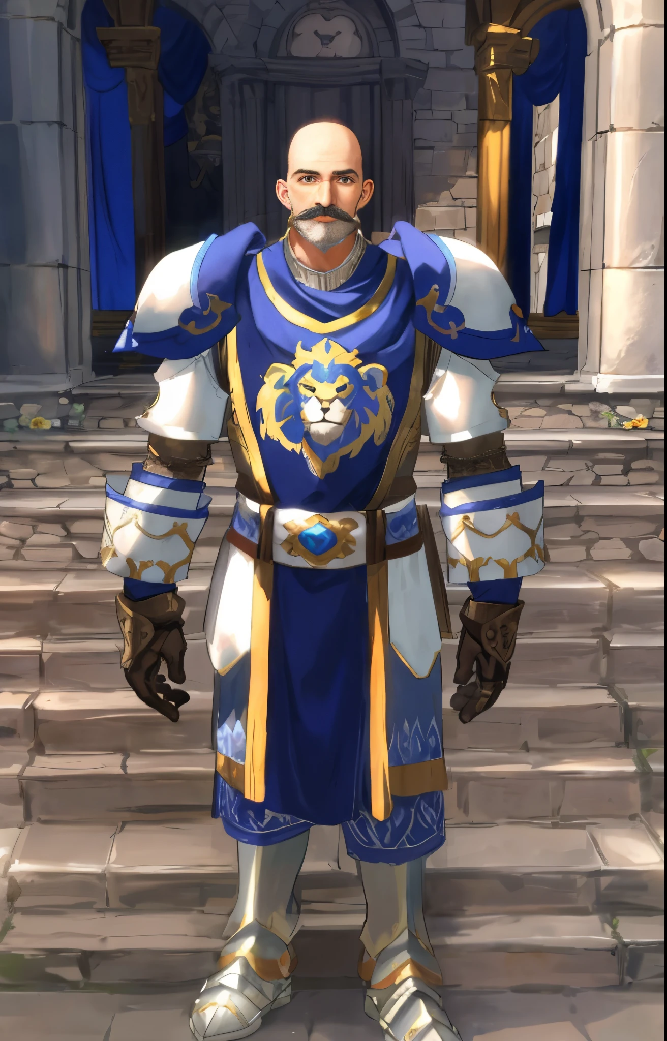 bald man, 50 years old, light brown mustache, white and blue armor, tabard with a lion's head design, calcha gloves, stone steps, stone building, fantasy