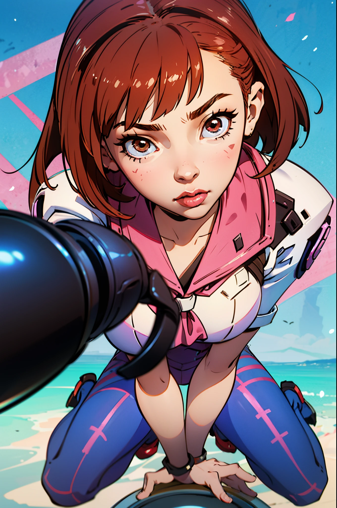 masterpiece,best quality,1girl,pov, nice detailing, dva from overwatch, anime style, spreading her legs, brown eyes, High Quality brown_eyes, pink_facial_mark, bob_cut,school_uniform