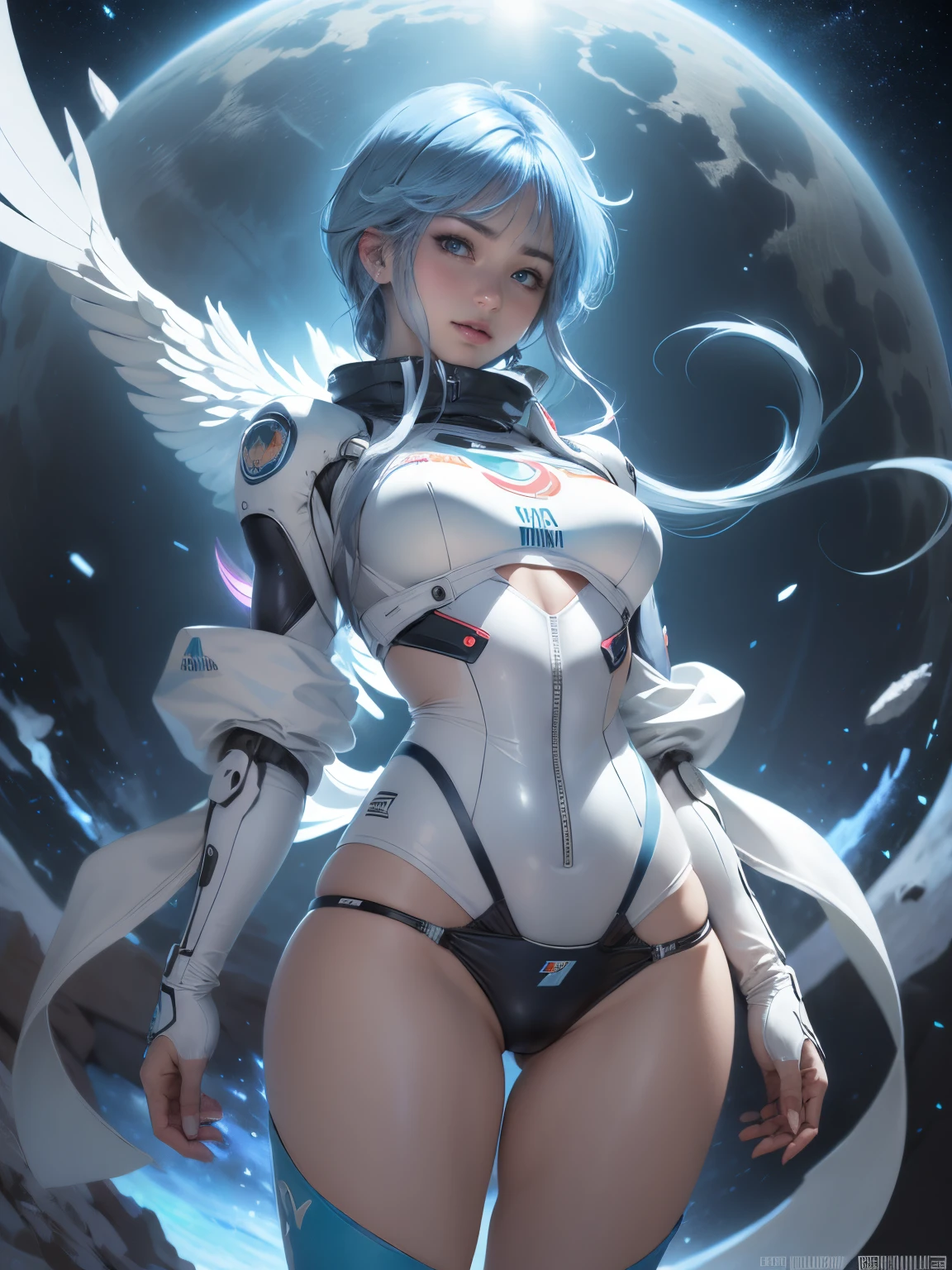 Yukime, mujer de la nieve en el mundo de evangelio, Rayas azules medias y blancas, ((La mejor calidad)), ((Obra maestra)), (Detallado: 1.4), Piloto robot mujer cuerpo musculoso definido, Neon Evangelion Style, muslos desnudos medio gruesos, boca cerrada, solo bragas, muscular body parts covered by technological clothing, (((senos medianos)) Perfecto, Escote generoso, ((Ropa de rayas celestes y blancas)), argentina, tonos pastel, (((Mechanical-arm))), airplane wings on the back, cabello rubio con mechones anaranjados, Ropa interior corta, liguero, por mucha, niji --V5, cerca de real, La mejor calidad, casi desnudo, psycho, cara loca, pose sexy, Psychedelic background, Ropa de 2 piezas, dibujos de sol de la bandera de argentina, cyberpunk, Sujetador azul oscuro con el sol, (((clothing with the colors of the Argentine national team shirt))), hombreras puntiagudas, ojos azules sin pupilas, HDR (High Dymanic Range),Trazado de rayos,NVIDIA RTX,Super-Resolution,Irreal 5,Subsurface dispersion, Textura PBR, Post-procesamiento, Anisotropic filtering, Profundidad de campo, Maximum clarity and sharpness, Texturas multicapa, Albedo y mapas especulares, Sombreado de superficies, Accurate simulation of light-material interaction, proporciones Perfectoas, Renderizado de octanaje, two-color illumination, Amplia apertura, ISO bajo, balance de blancos, Regla de los tercios, 8K RAW, crysisnanosuit