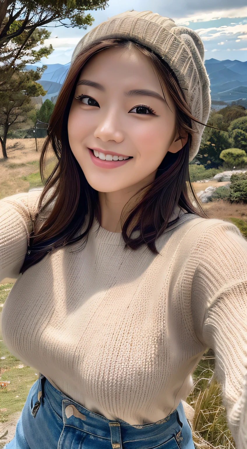 (Upper body selfie:1.3),Autumn climbing,With a superb view from the summit in the background,Colored leaves、Beautiful sunrise,Remove the beam from above,Backlighting,Generate images of beautiful women around the world,Especially while reflecting elements of Western beauty.Woman with natural smile and attractive expression,Woman with natural smile and attractive expression,Transparent skin,sparkle in eyes,Expresses an elegant atmosphere,,Solo, backpack,knit hat,Sweaters,gloves,Mountain boots,strong wind blowing,Hair fluttering in the storm,(The 8k quality,masutepiece,top-quality,Ultra-high resolution output image,),(Highly detailed raw photos:1.3),(Image Mode Ultra HD),
