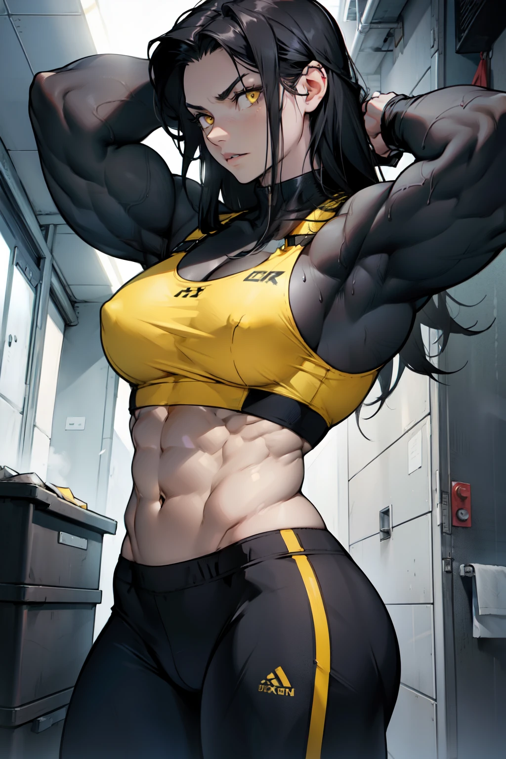 (((((muscular girl))))) pale skin black hair long hair serious yellow eyes