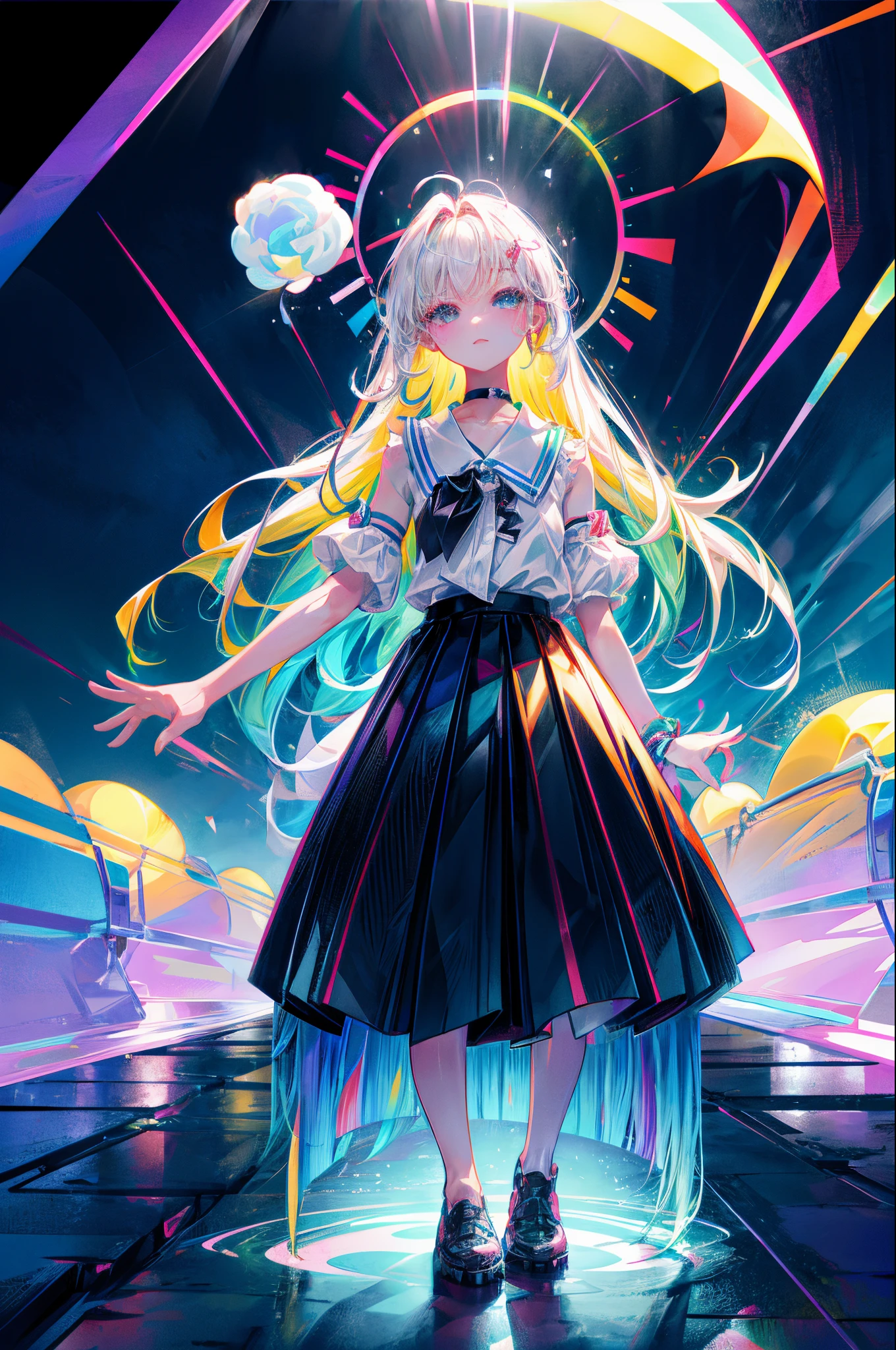 Big rainbow on background、Irridescent color、Colorful clothing、top-quality、超A high resolution、(Photorealsitic:1.4)、Female 1 Person、Sleeveless white buttoned shirt、Black skirt、Black Choker、cute little、(Kpop Idle)、(attractiveness:1)、(Platinum Blonde Hair:1)、((Puffy eyes))、Look at the viewer、full body Esbian、Facing the front