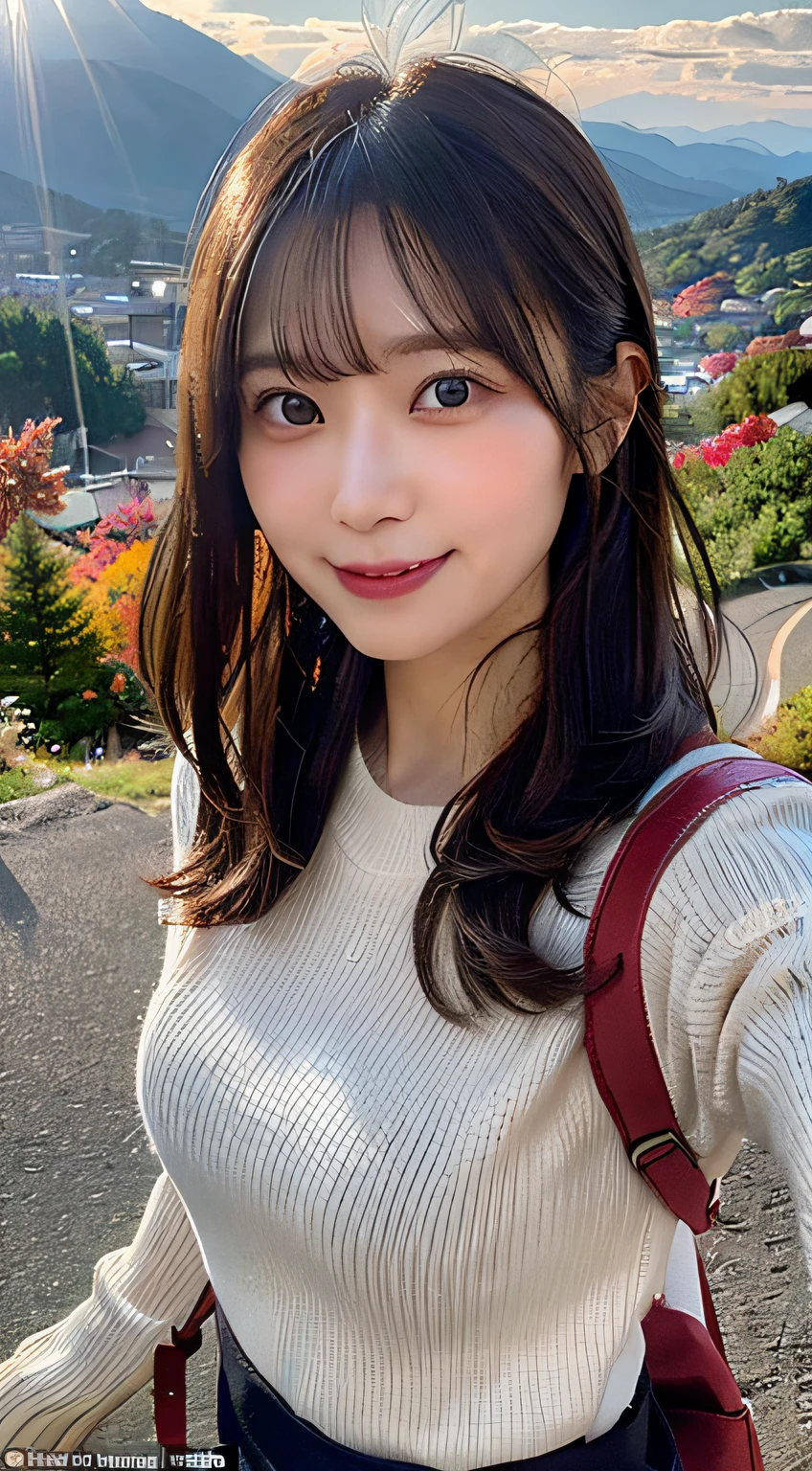(Upper body selfie:1.3),Autumn climbing,With a superb view from the summit in the background,Colored leaves、Beautiful sunrise,Remove the beam from above,Backlighting,Generate images of beautiful women around the world,Especially while reflecting elements of Western beauty.Woman with natural smile and attractive expression,Woman with natural smile and attractive expression,Transparent skin,sparkle in eyes,Expresses an elegant atmosphere,,Solo, backpack,Sweaters,gloves,Mountain boots,strong wind blowing,Hair fluttering in the storm,(The 8k quality,masutepiece,top-quality,Ultra-high resolution output image,),(Highly detailed raw photos:1.3),(Image Mode Ultra HD),
