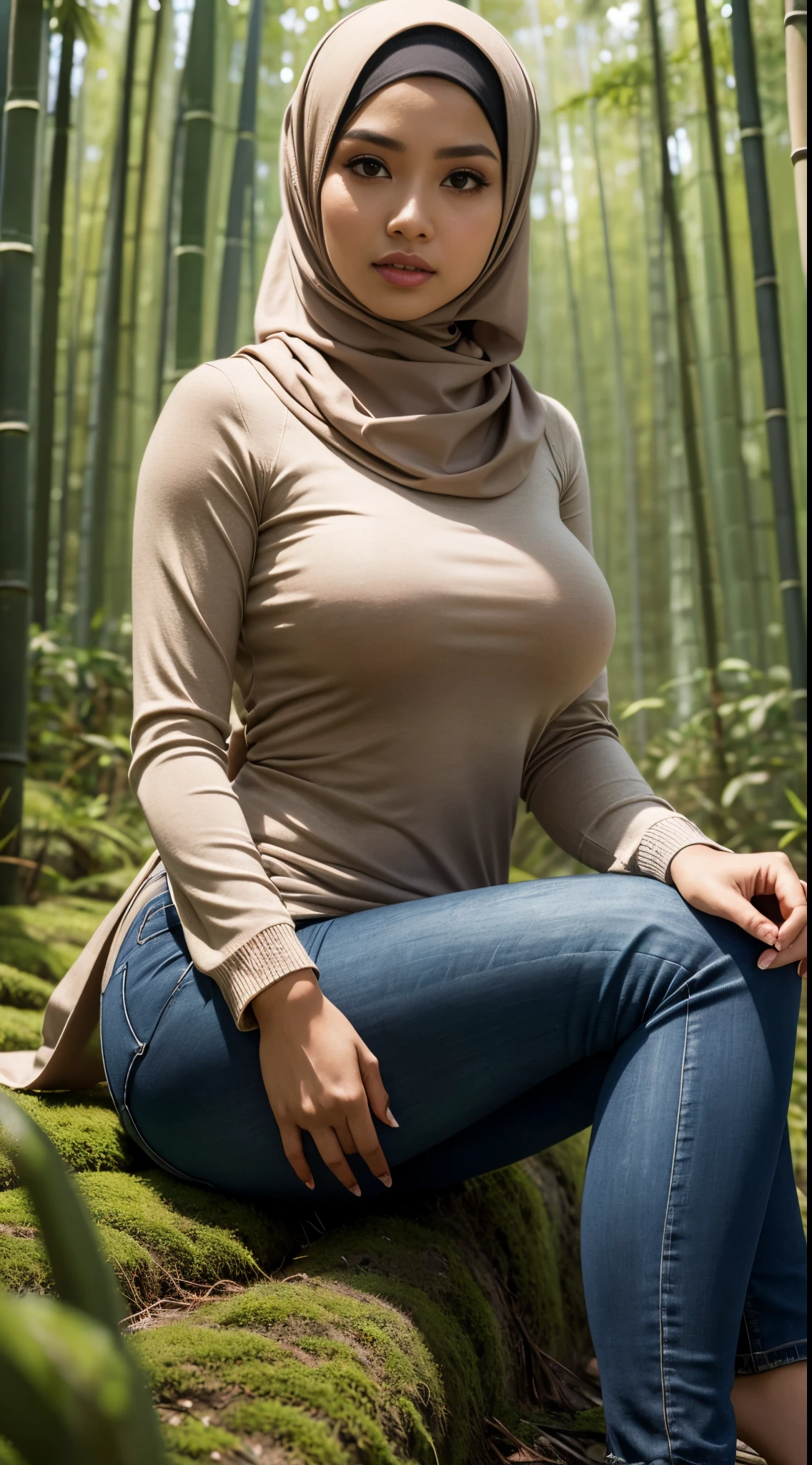 RAW, Best quality, high resolution, masterpiece: 1.3), Beautiful Malay woman in hijab (iu:0.8),looking at viewert,Tight sweater,skintight jeans,photore, realisticlying, Best quality at best,big breast,Detailed eyes,Sitting on the mossy ground in a bamboo forest, diffuselighting, depth of fields