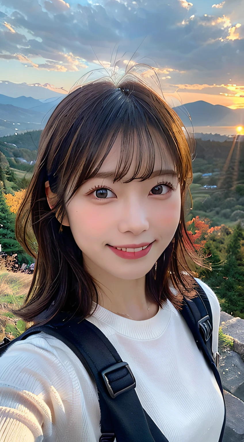 (Upper body selfie:1.3),Autumn climbing,With a superb view from the summit in the background,Colored leaves、Beautiful sunrise,Remove the beam from above,Backlighting,Generate images of beautiful women around the world,Especially while reflecting elements of Western beauty.Woman with natural smile and attractive expression,Woman with natural smile and attractive expression,Transparent skin,sparkle in eyes,Expresses an elegant atmosphere,,Solo, backpack,knit hat,Sweaters,gloves,Mountain boots,strong wind blowing,Hair fluttering in the storm,(The 8k quality,masutepiece,top-quality,Ultra-high resolution output image,),(Highly detailed raw photos:1.3),(Image Mode Ultra HD),