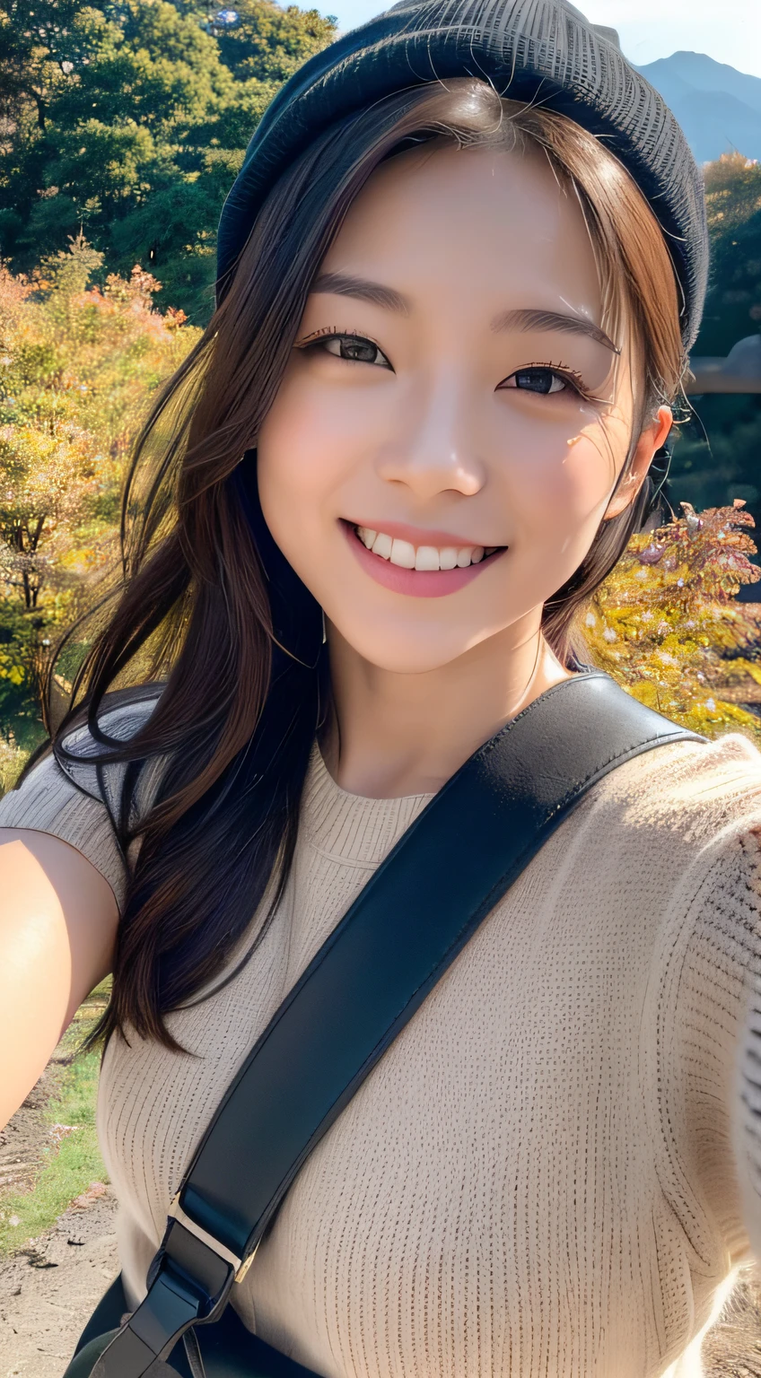 (Upper body selfie:1.3),Autumn climbing,With a superb view from the summit in the background,Colored leaves、Beautiful sunrise,Remove the beam from above,Backlighting,Generate images of beautiful women around the world,Especially while reflecting elements of Western beauty.Woman with natural smile and attractive expression,Woman with natural smile and attractive expression,Transparent skin,sparkle in eyes,Expresses an elegant atmosphere,,Solo, backpack,knit hat,Sweaters,gloves,Mountain boots,strong wind blowing,Hair fluttering in the storm,(The 8k quality,masutepiece,top-quality,Ultra-high resolution output image,),(Highly detailed raw photos:1.3),(Image Mode Ultra HD),