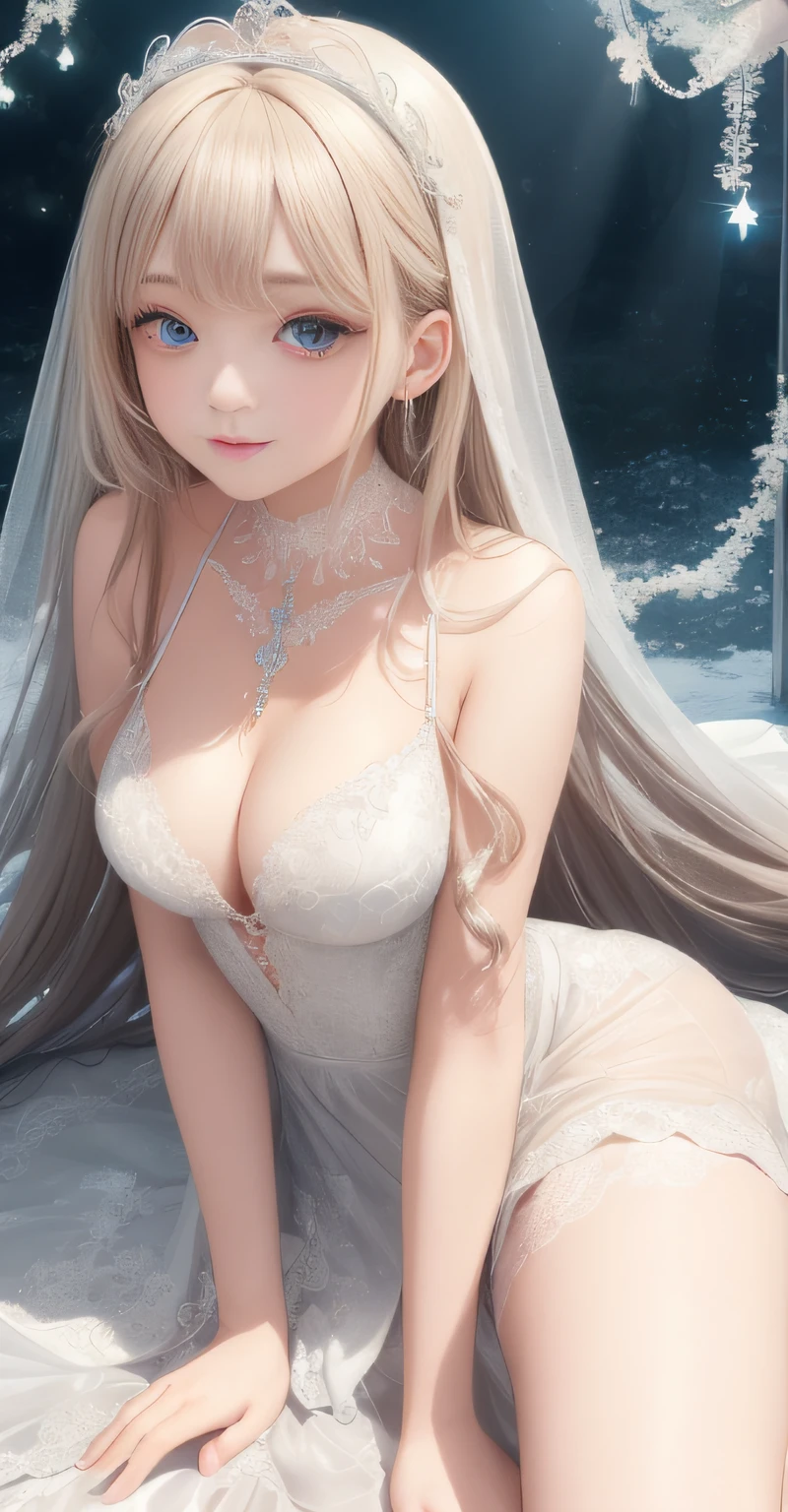 best quality, masterpiece, aquamarine eyes, full body, ( best quality, ultra-detailed), (best illumination, best shadow, an extremely delicate and beautiful), dynamic angle, Depth of field, (bloom), (shine), (solo), light, best, ornate, colorful, cinematic angle, adorable, 1girl, holy virgin, (light smile:0.6), very long hair, braided light blonde hair, (((detailed eyes))), looking at viewer, lace-trimmed dress, white dress, white garter straps, tiara, hair ornament, jewelry, ribbon choker, pendant, heaven, snowy, holy,