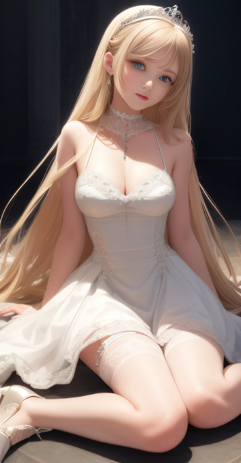 best quality, masterpiece, aquamarine eyes, full body, ( best quality, ultra-detailed), (best illumination, best shadow, an extremely delicate and beautiful), dynamic angle, Depth of field, (bloom), (shine), (solo), light, best, ornate, colorful, cinematic angle, adorable, 1girl, holy virgin, (light smile:0.6), very long hair, braided light blonde hair, (((detailed eyes))), looking at viewer, lace-trimmed dress, white dress, white garter straps, tiara, hair ornament, jewelry, ribbon choker, pendant, heaven, snowy, holy,