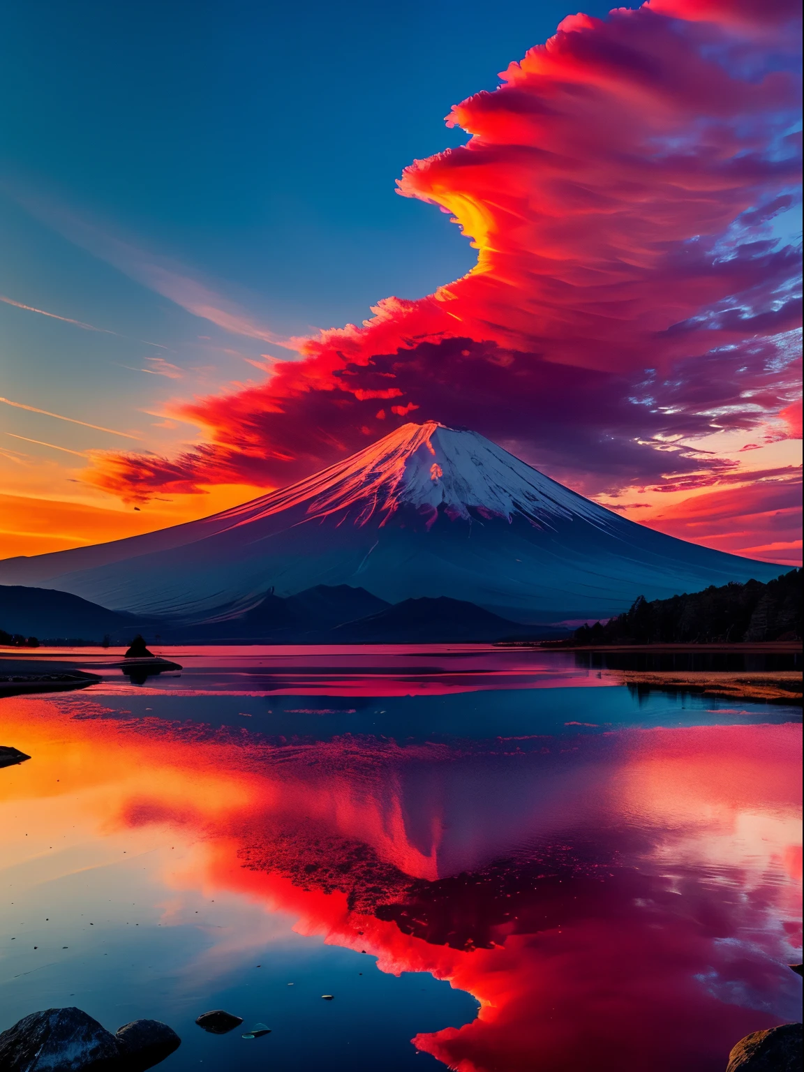 RAW photos of Mt. Fuji, delicately beautiful photorealistic, detail, photorealistic, ultra-realistic photos, 8k UHD, DSLR, (dazzling sun,))) high quality, film grain, FUJIFILM XT3, (masterpiece), majestic Mt. Oyama, reflected on the surface of the lake, red Fuji, (red cloud)), red sky, flowing clouds, (((((red cloud)))), shining, reflection,