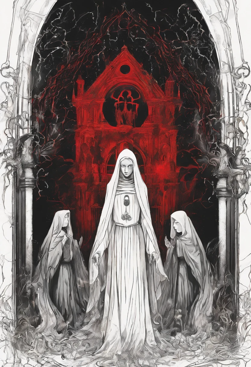 Blood nun, dark and gloomy atmosphere, old church with biblical windows, demonic woman with red and penetrating eyes, blood splashes, 1 woman surrounded by ethereal ghosts, eternal and deep darkness, penitent ghosts, group of humanoid spirits