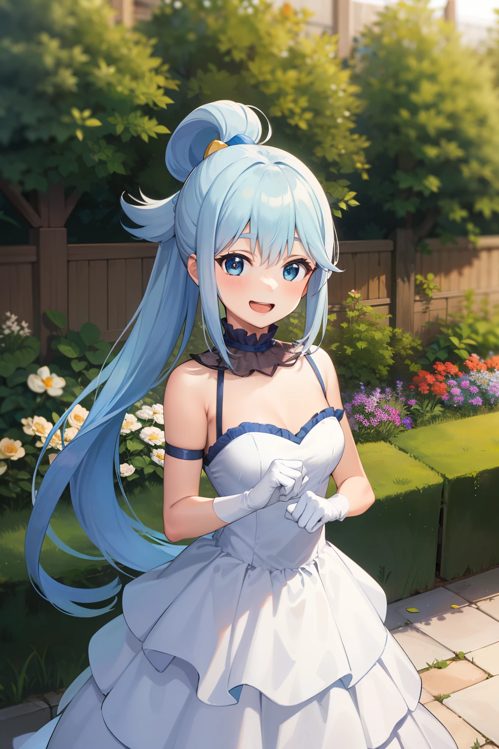 masterpiece, best quality, highres, aarurutie,1girl, wedding dress, white dress, standing, garden, smile, open mouth, beatrix amerhauser, long blue hair, blue eyes,gloves, ponytail,