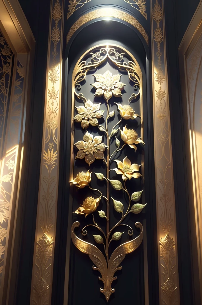 There is a metal wall grid sculpture，It has flowers and leaves on it, Decorative style, Fine detail gold brushstrokes, metal art, Gold and steel are complicated, Ultra-fine line decoration, with intricate detail, with intricate detail, sun light, be full of details, Wall of art, Stunningly detailed, Intricate art deco leaf design, gold flowers, metalworking, with intricate detail